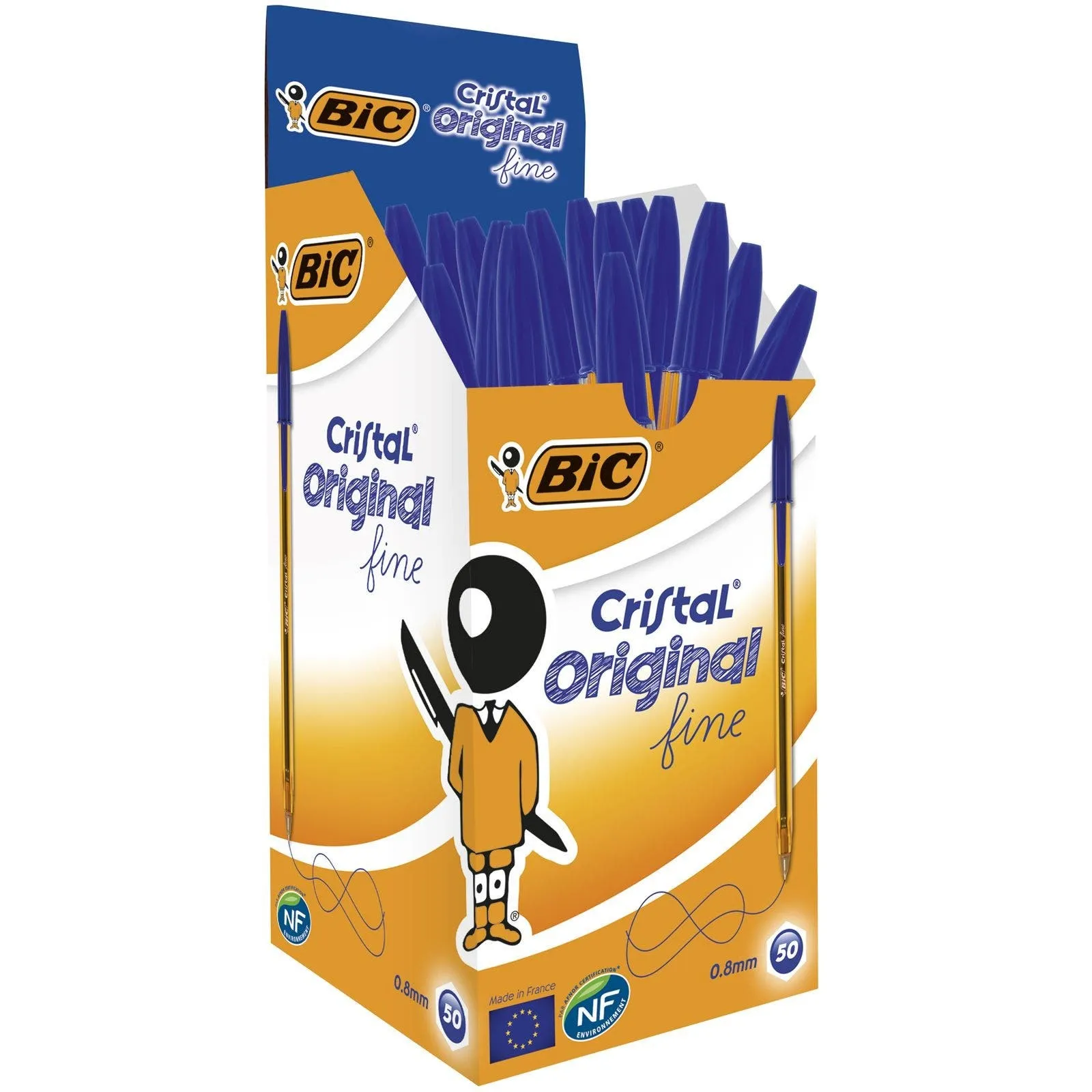 Penna a sfera fine originale Bic Cristal - Punta tonda da 08 mm - Tratto 030 mm - Inchiostro a base di olio - Traslucido - Colore blu