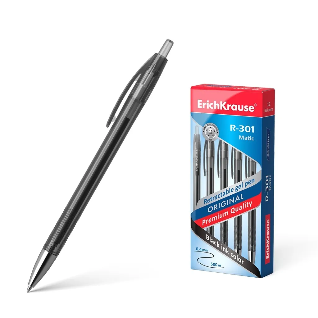 Penna gel automatica Erichkrause R-301 Original Gel Matic - Inchiostro gel ad asciugatura rapida - Corpo trasparente con impugnatura profilata - Colore nero