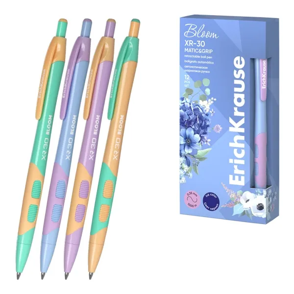 Penna a sfera retrattile Erichkrause Bloom XR-30 Matic&Grip Pastel - Penna a sfera da 07 mm - Tratto da 035 mm - Inchiostro blu - Impugnatura - Corpo pastello