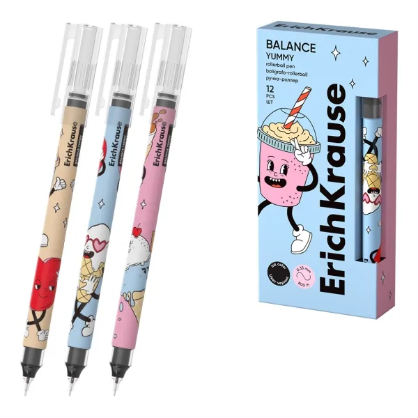 Penna a sfera ErichKrause Balance Stick Yummy con cappuccio - Modelli assortiti - Tratto da 035 mm - Inchiostro gratuito con alimentatore regolabile - Nera