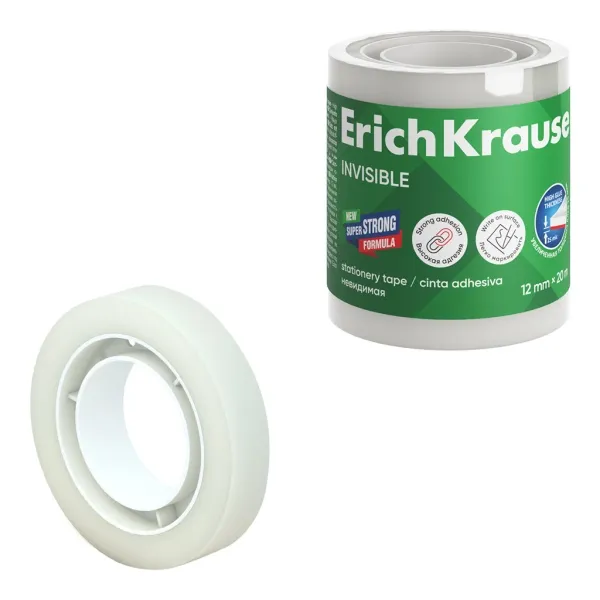 Nastro adesivo invisibile ErichKrause 12 mm x 20 m - Superficie opaca - Adatto per scrivere - Trasparente