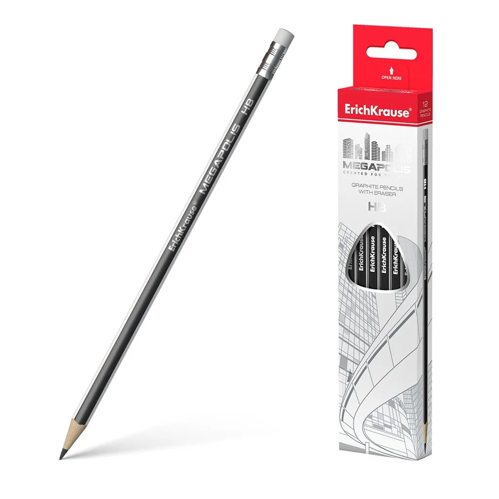 Erichkrause Megapolis HB - Matita triangolare in grafite con gomma - Legno selezionato - Durezza HB - Resistente agli urti - Facile da temperare - Non graffia la carta - Gomma di durezza media - Gomma termoplastica ipoallergenica - Colore Nero