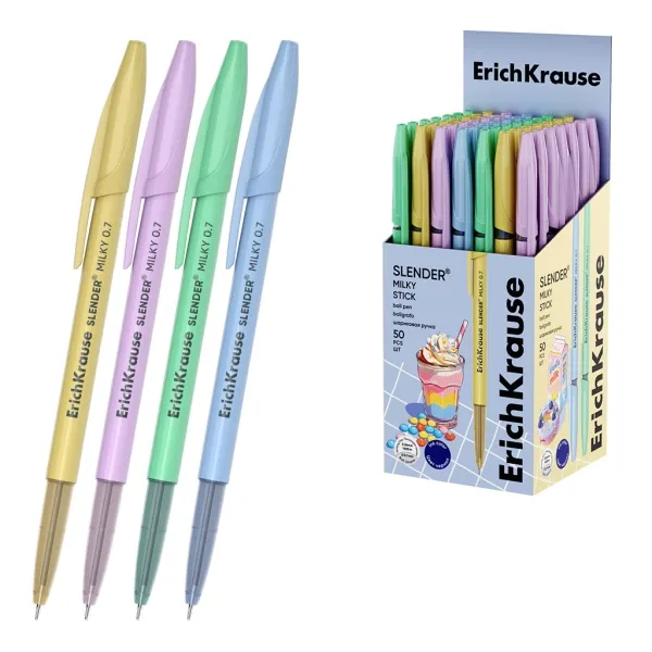 Penna a sfera ErichKrause Stick Cheat Milky con cappuccio - Modelli assortiti - Tratto da 026 mm - Inchiostro a bassa viscosità - Cappuccio ventilato - Blu