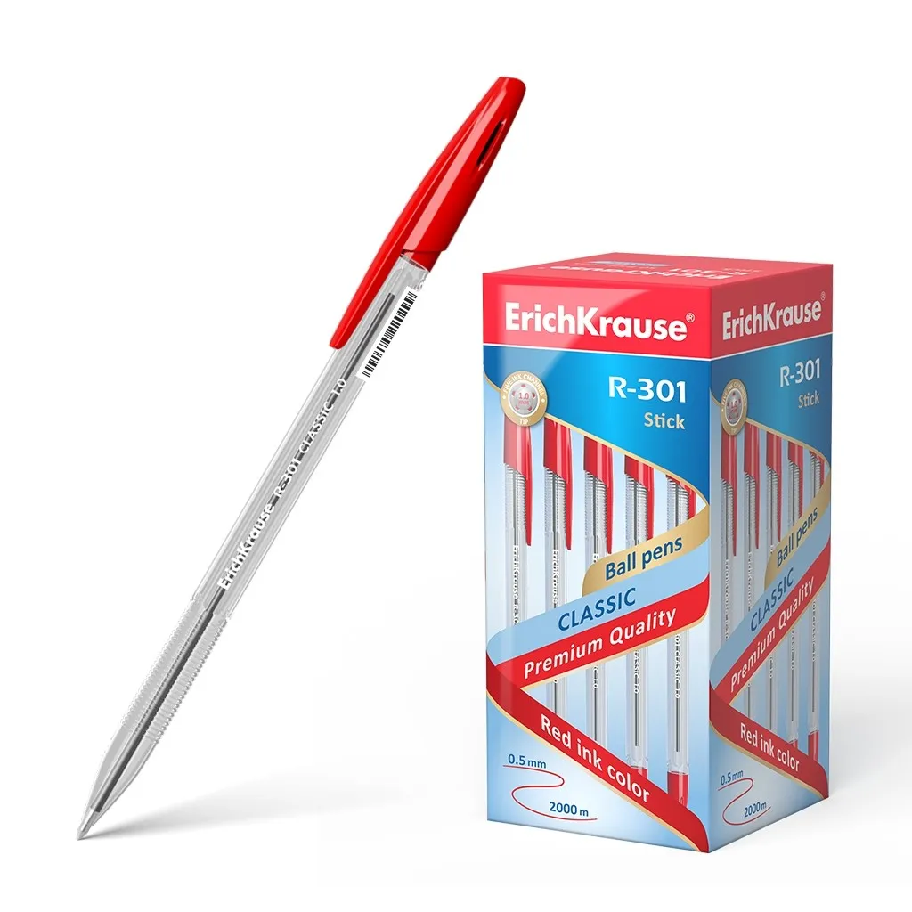 Penna a sfera Erichkrause R-301 Classic Stick 1.0 - Corpo esagonale trasparente - Punta da 10 mm - Inchiostro ad asciugatura rapida - Colore rosso
