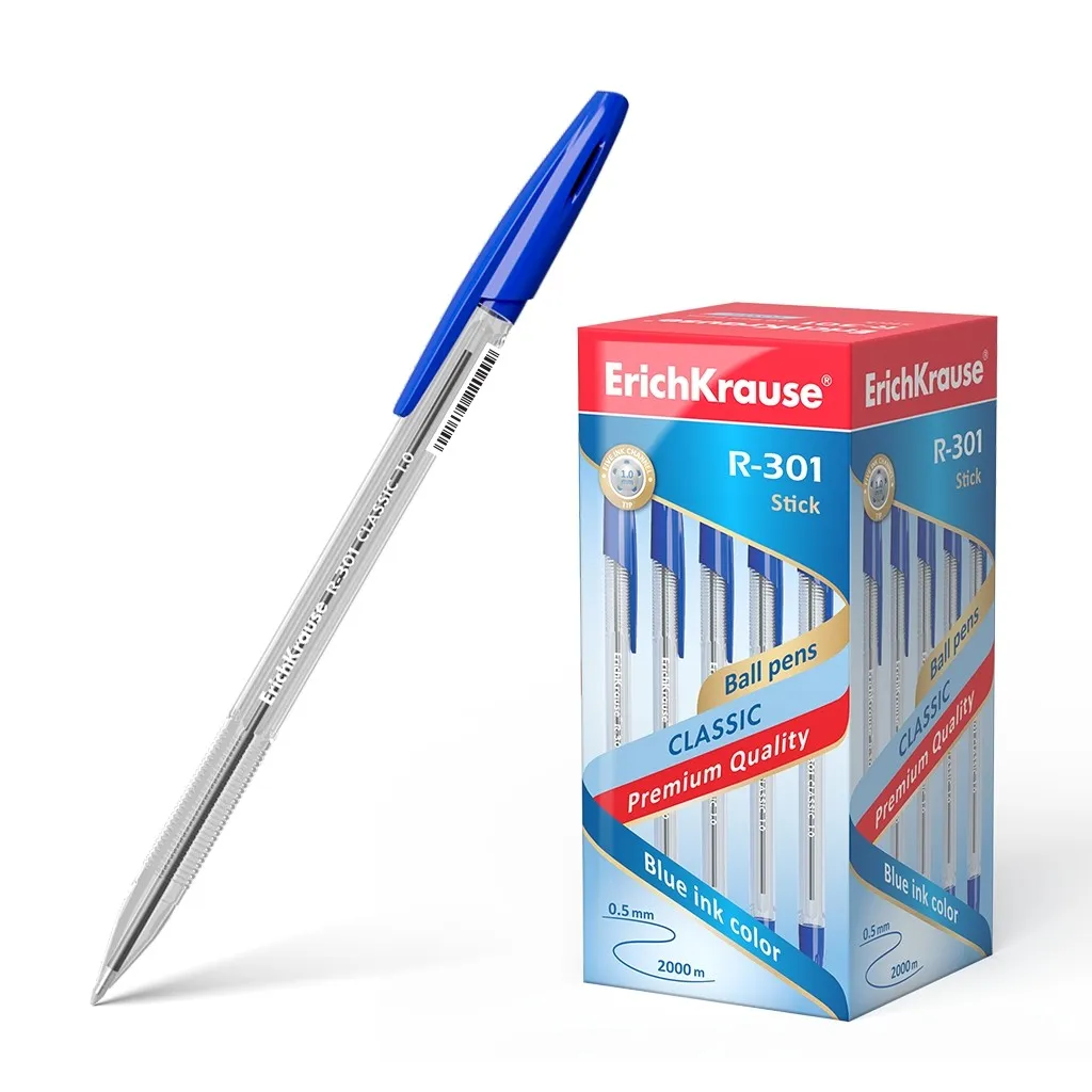 Penna a sfera Erichkrause R-301 Classic Stick 1.0 - Corpo esagonale trasparente - Punta da 10 mm - Inchiostro ad asciugatura rapida - Colore blu