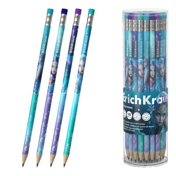 Matita in grafite color acquamarina ErichKrause con gomma - Mina HB - Corpo rotondo - Plastica - Impugnatura ergonomica - Colori assortiti