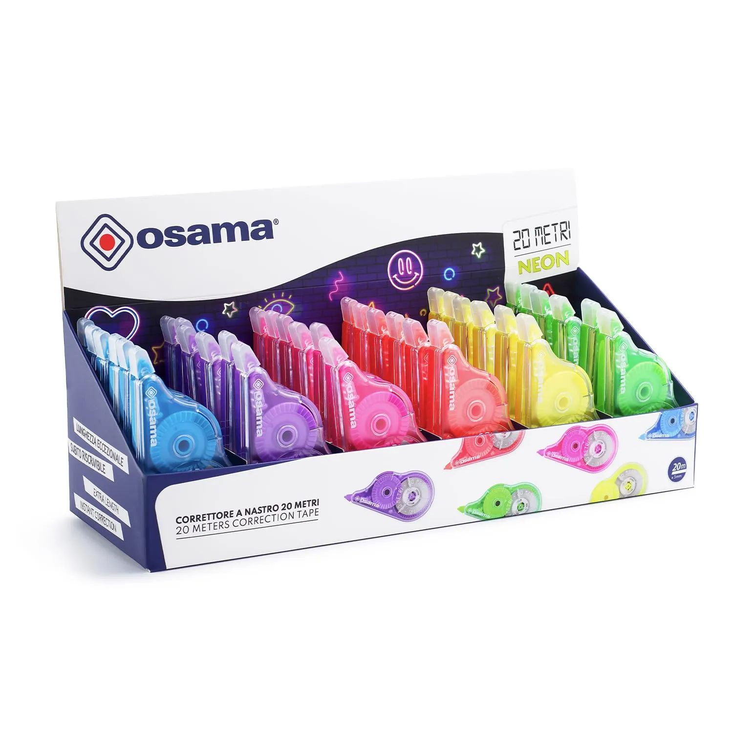 OSAMA - Bianchetto a Nastro, 36 Pezzi x 20 Metri (Tot 720m), Correttore a Nastro Cancelleria Scuola e Ufficio - Scolorina Set Utile Cartoleria e Cose per la Scuola, Scorrevole e Coprente, Colori Neon