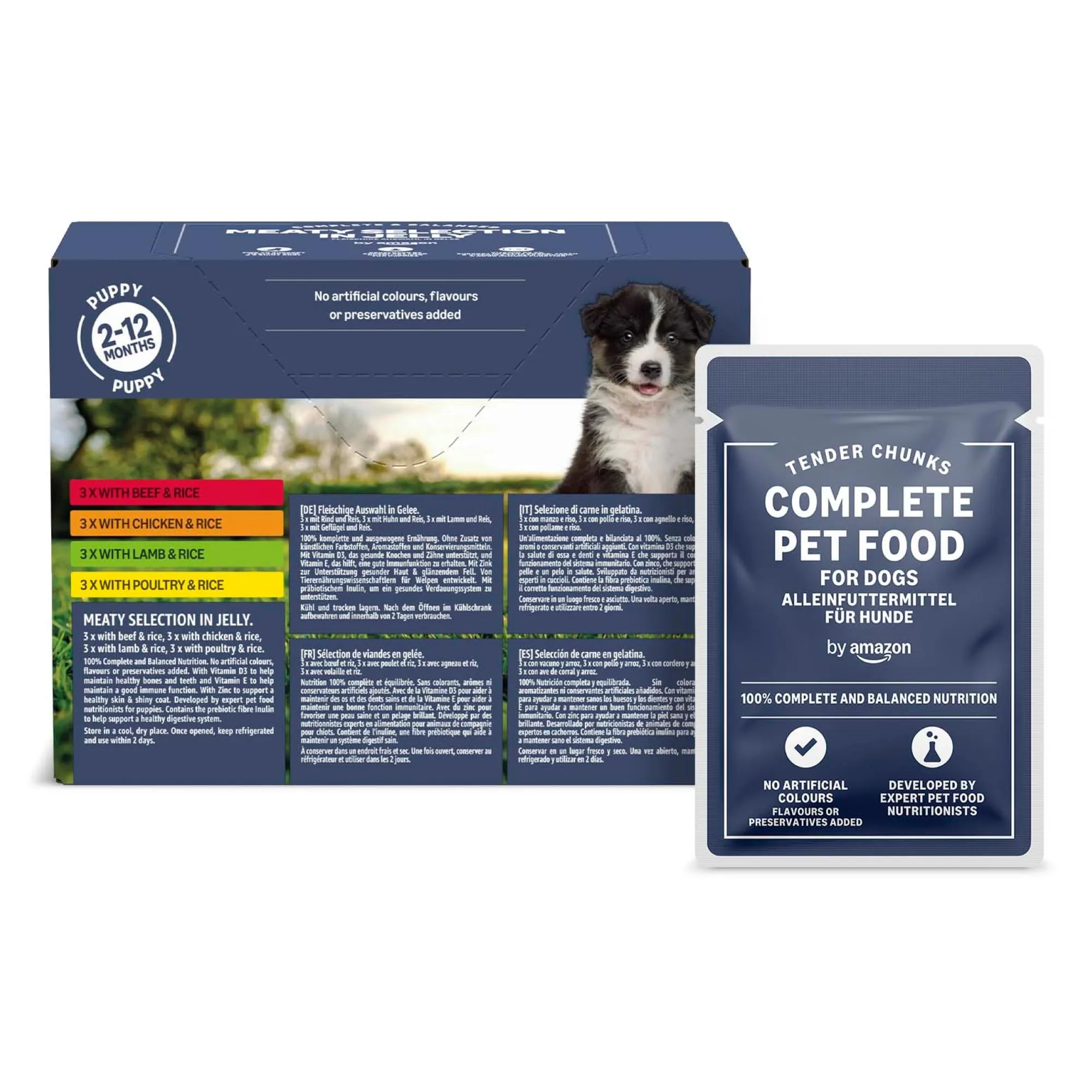 by Amazon Alimento completo per cuccioli di cane, Selezione di carne in gelatina, 1.2kg (12 sacchetti da 100g)