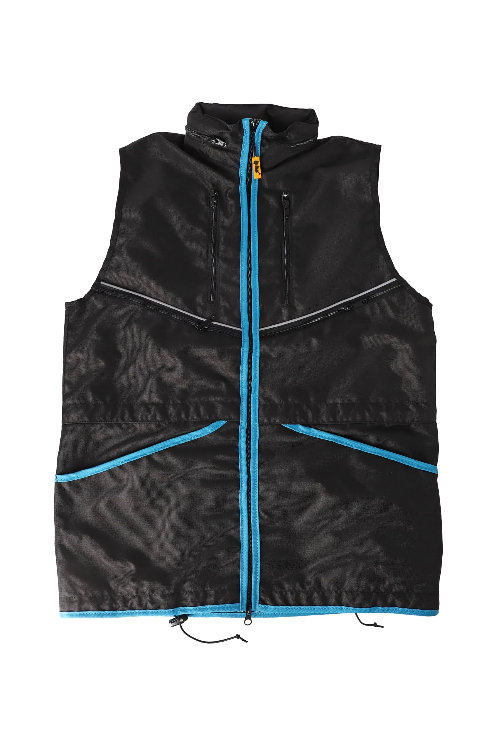 Dingo Waldemar Rutkowski Gilet da Dog Trainer con 2 Tasche con Zip, 2 Aperte, Cappuccio, Regolabile, Aderente, Impermeabile, Nero con Bordo Blu - Taglia S (16422)