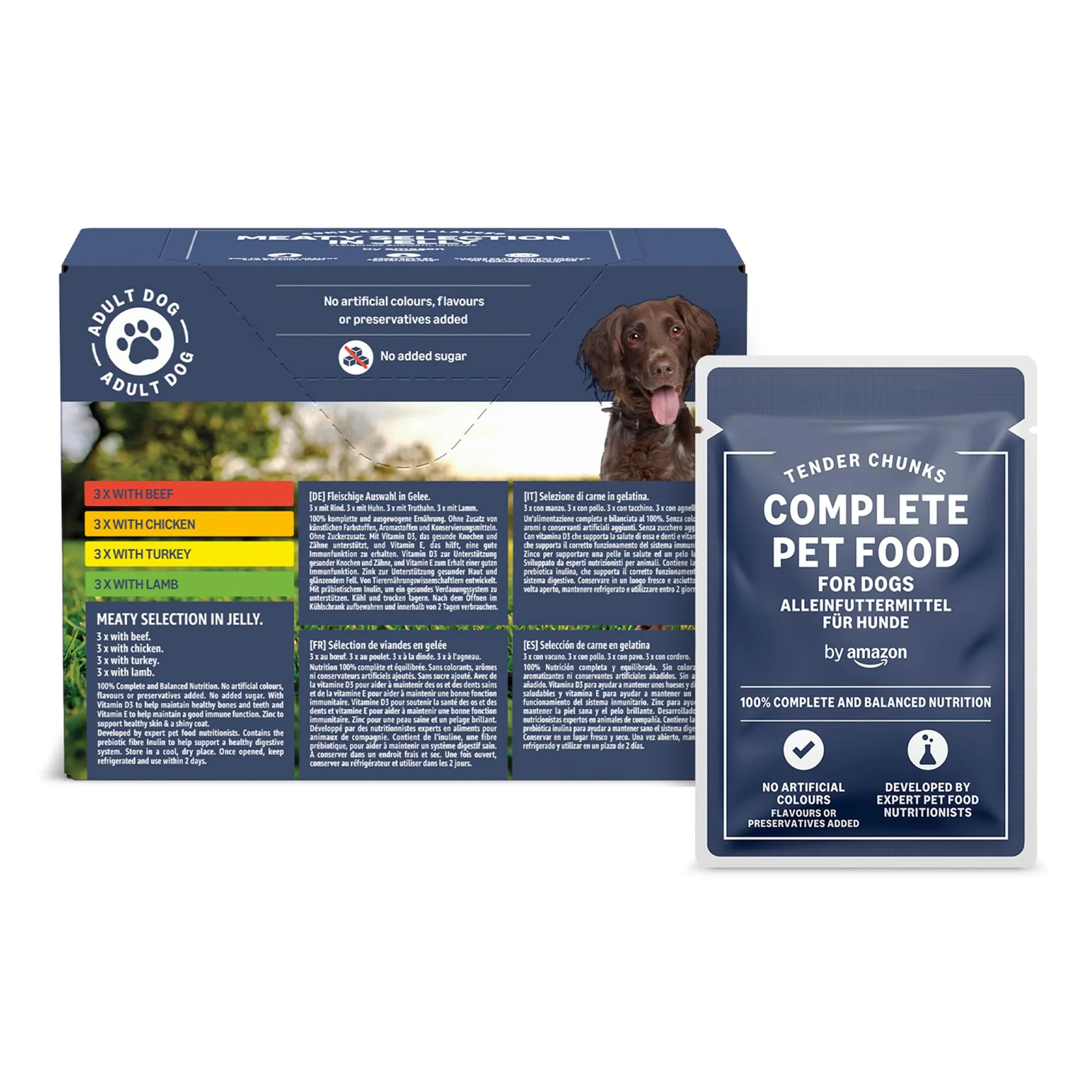 by Amazon Alimento completo per cani adulti, Selezione di carni in gelatina, 1,2 kg (12 confezioni da 100g)