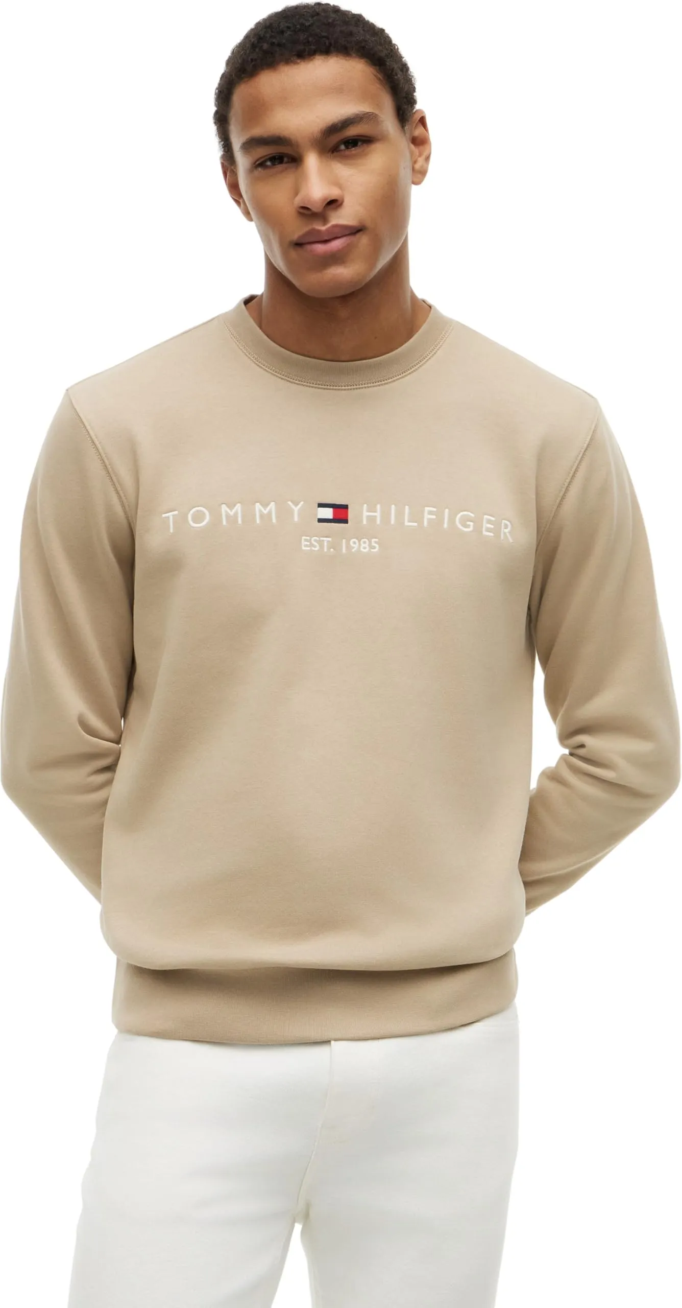 Tommy Hilfiger Uomo Felpa Tommy Logo Senza Cappuccio, Beige (Batique Khaki), S