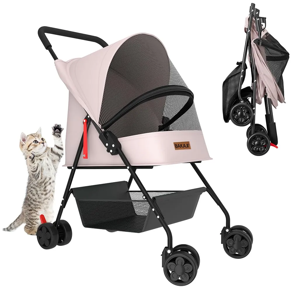 BAKAJI Passeggino per Animali Domestici Carico Massimo 15kg, Carrozzina per Cani e Gatti Pieghevole e Salvaspazio con Cestello Portaoggetti e Ruote Bloccabili, Cappottina Protettiva Anti UV (Rosa)
