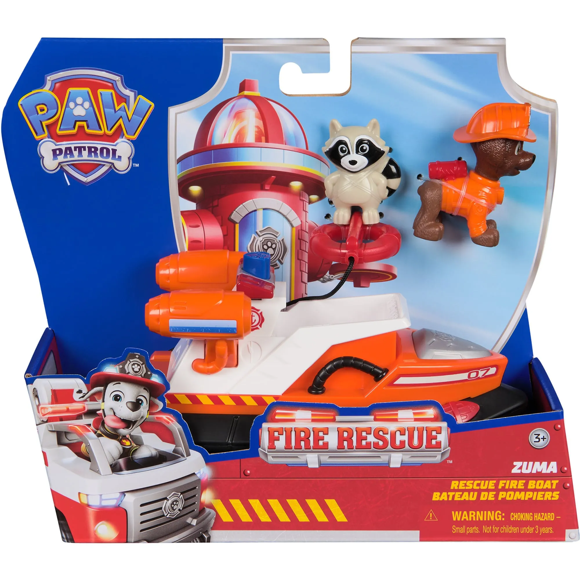 PAW Patrol Fire Rescue: Barca di Salvataggio di Zuma con Personaggio, Salvagente Lanciabile e Procione, Giocattoli per Bambini e Bambine, 3+ Anni, veicolo da gioco