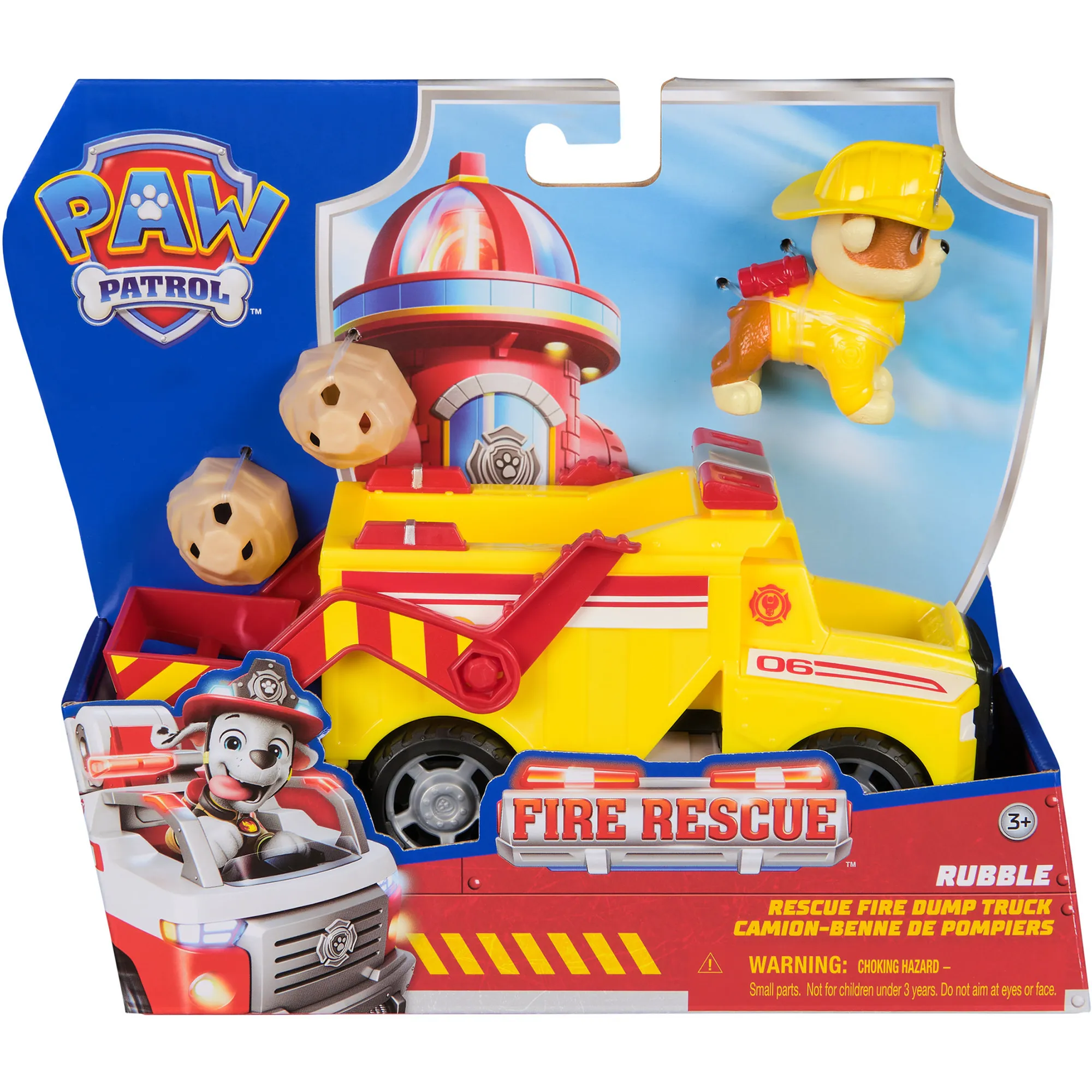 PAW Patrol Fire Rescue: Camion Ribaltabile Antincendio di Rubble con Personaggio, Proiettili e Camion Giocattolo, Giocattoli per Bambini e Bambine, 3+ Anni, veicolo da gioco