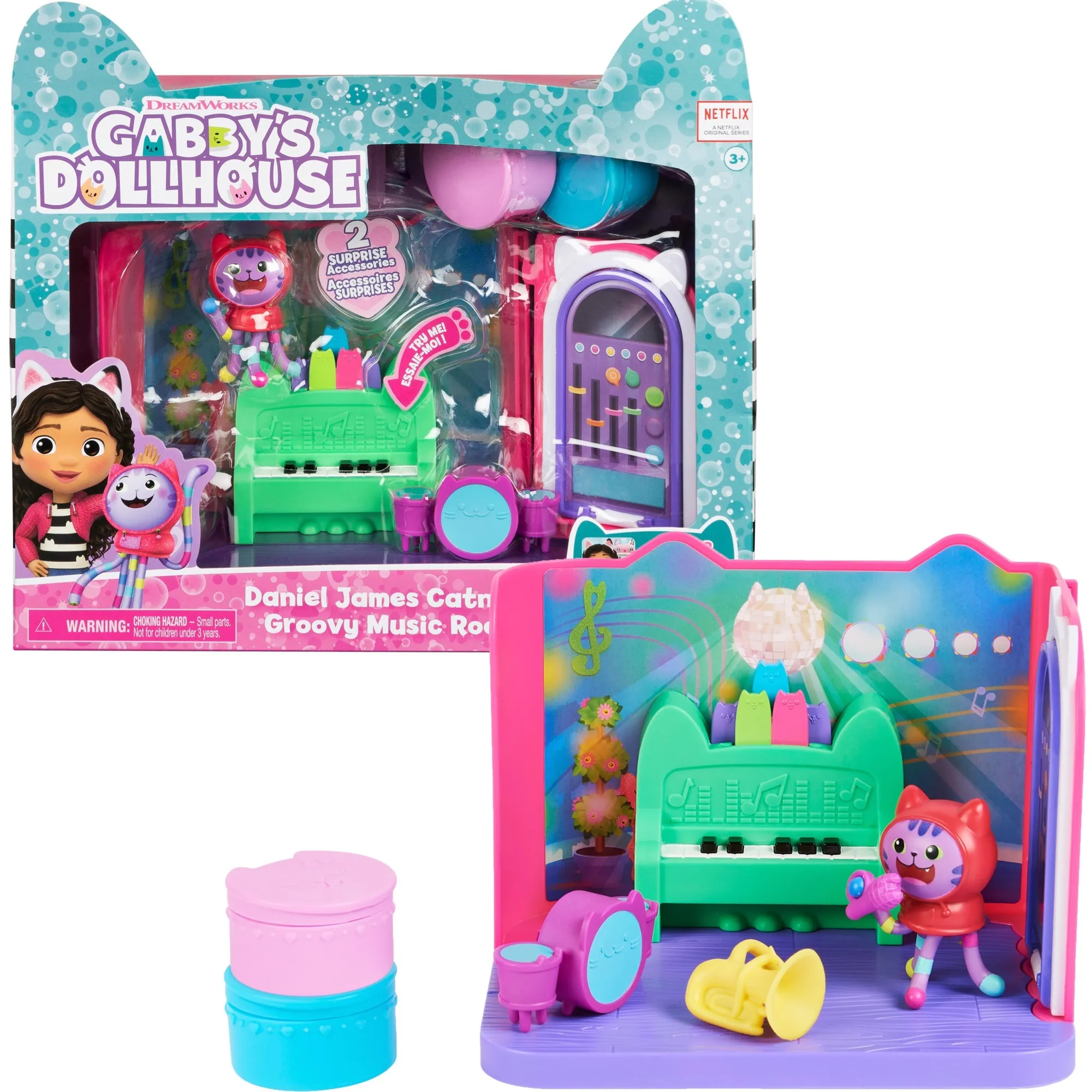 Gabby''s Dollhouse, Groovy Music Room con personaggio Daniel James Catnip, 2 accessori, 2 mobili e 2 scatole con sorpresa, giocattoli per bambini dai 3 anni in su, Sullo sfondo