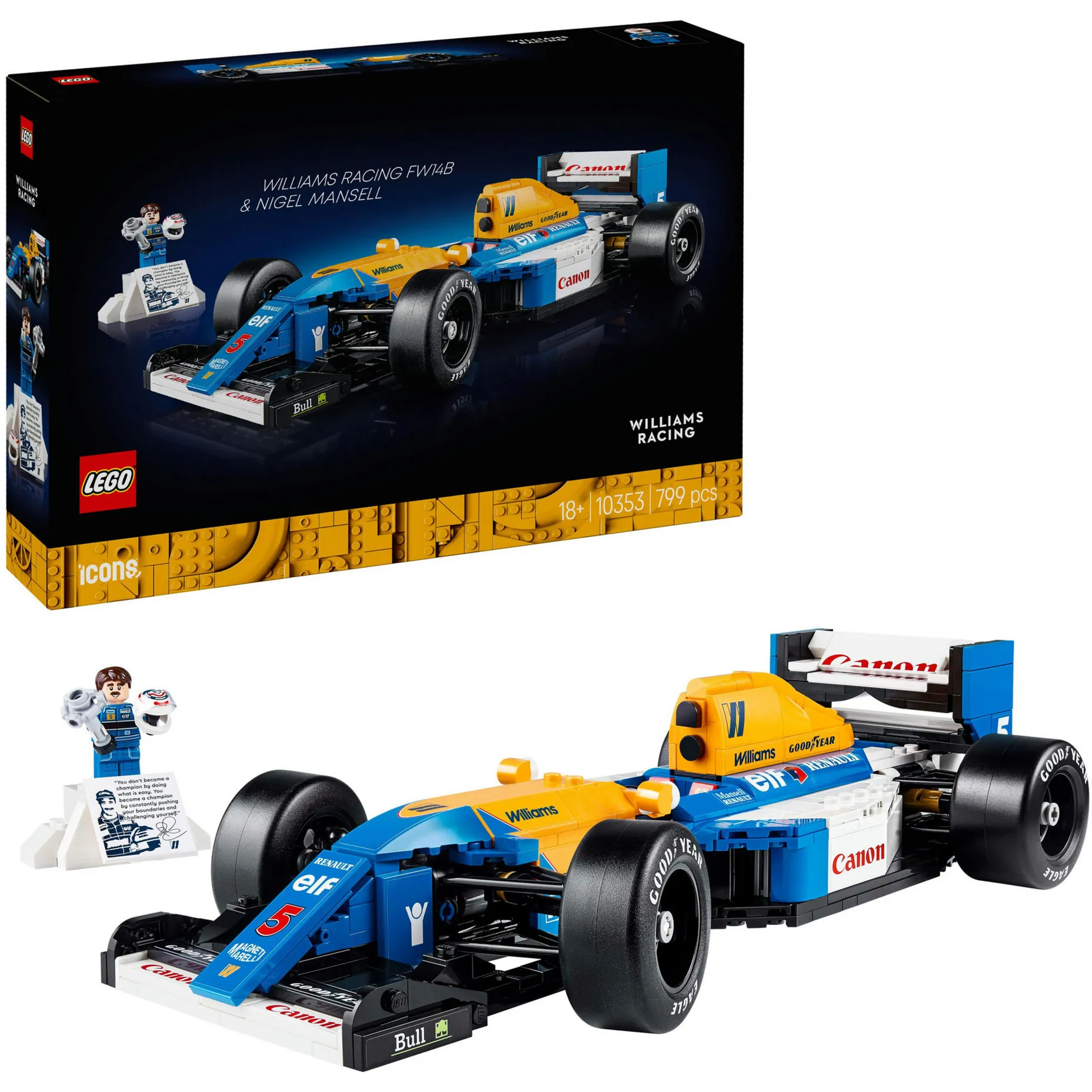 ICONS 10353 Williams Racing FW14B e Nigel Mansell, Modello di Auto F1 con Minifigure, Regalo per Adulti, Uomo o Donna, Giochi di costruzione