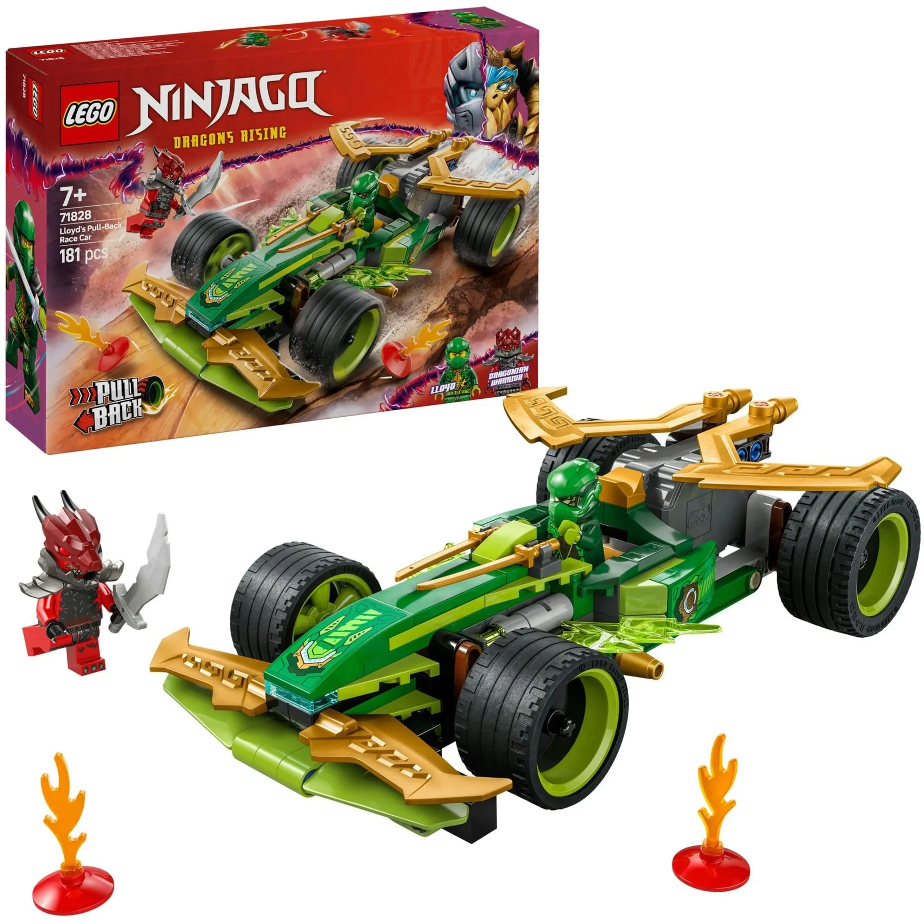 NINJAGO 71828 Racer Pull-Back di Lloyd - Modello di Auto da Corsa Giocattolo con 2 Minifigure e Armi, Giochi Bambini 7+, Giochi di costruzione