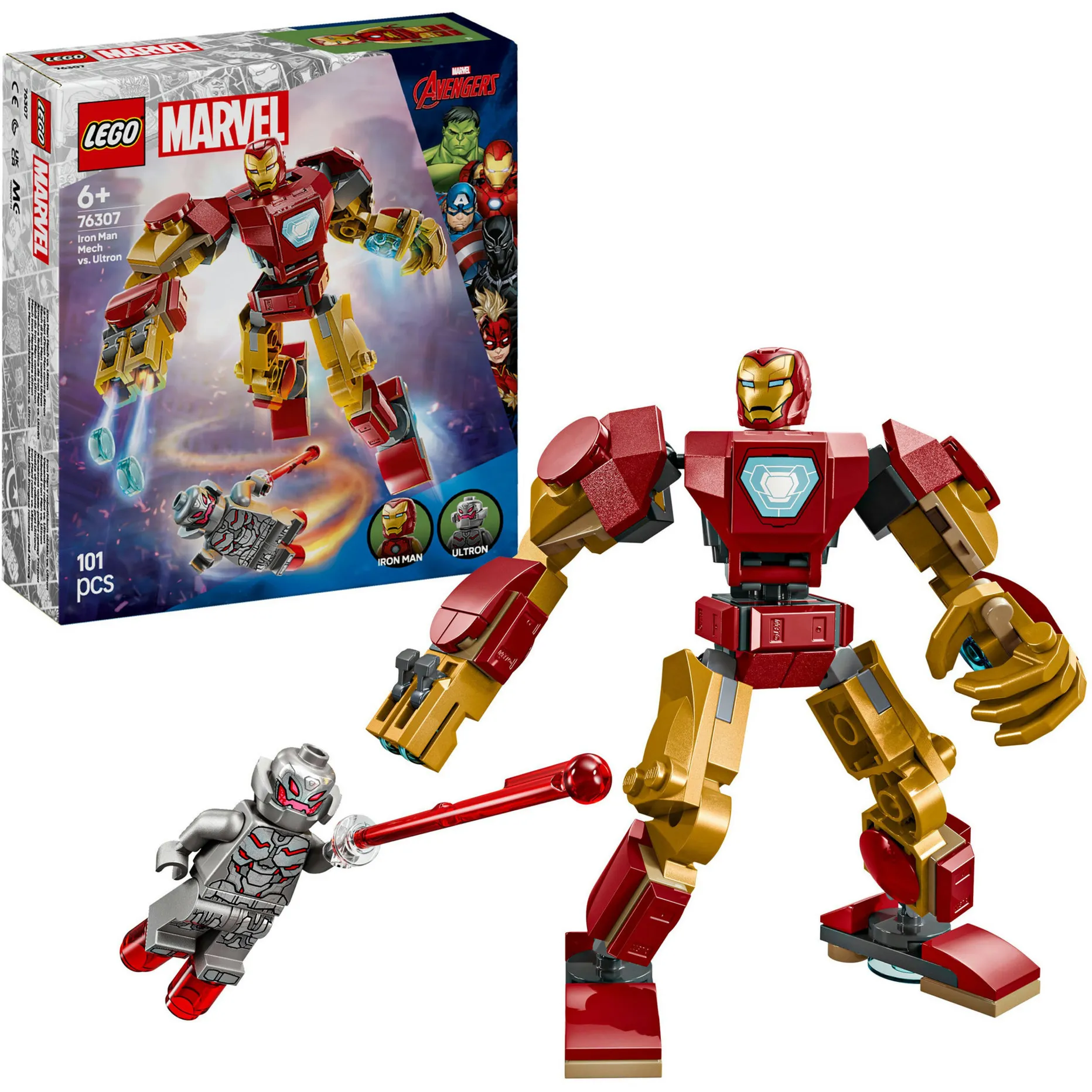 | Marvel 76307 Mech di Iron Man Contro Ultron - Action Figure Giocattolo da Costruire con 2 Minifigure, Gioco Bambini 6+, Giochi di costruzione