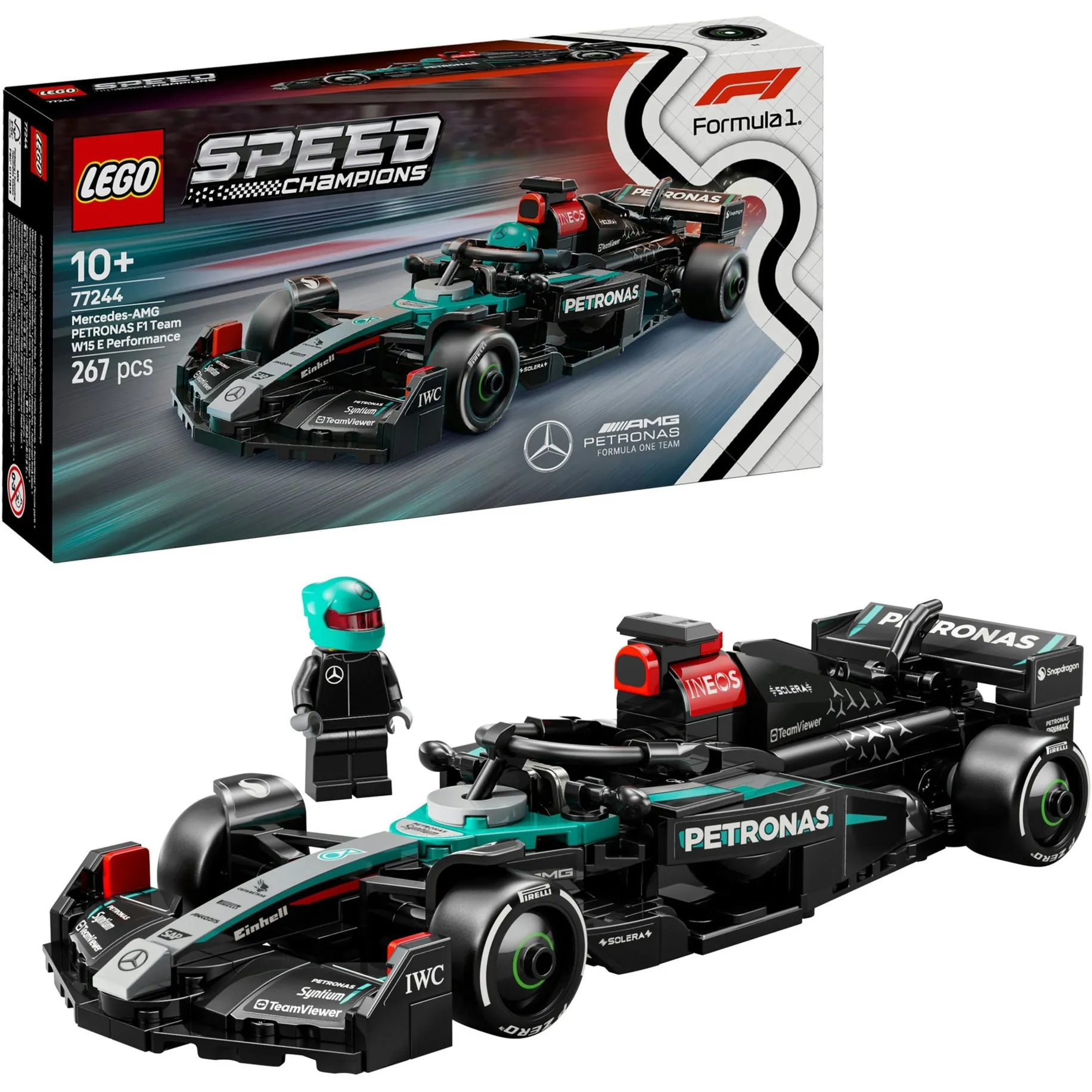 Speed Champions 77244 Auto da Corsa Mercedes-AMG PETRONAS F1 W 15 Macchina Giocattolo da Collezione con Pilota da 10+, Giochi di costruzione