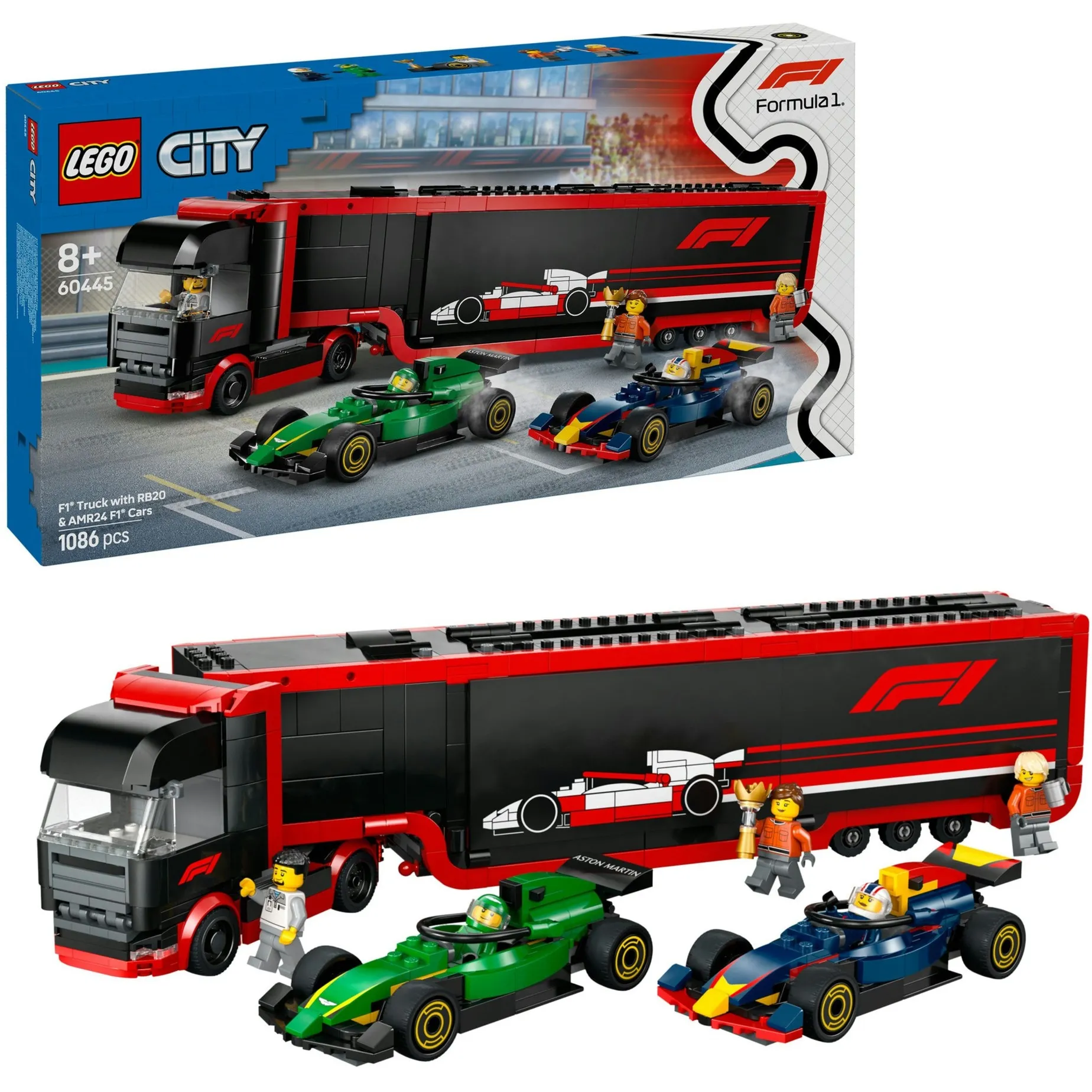 City 60445 Autotrasportatore F1 con Monoposto RB20 e AMR24 F1 - Camion Giocattolo con 2 Modelli di Auto e 5 Minifigure, Giochi di costruzione