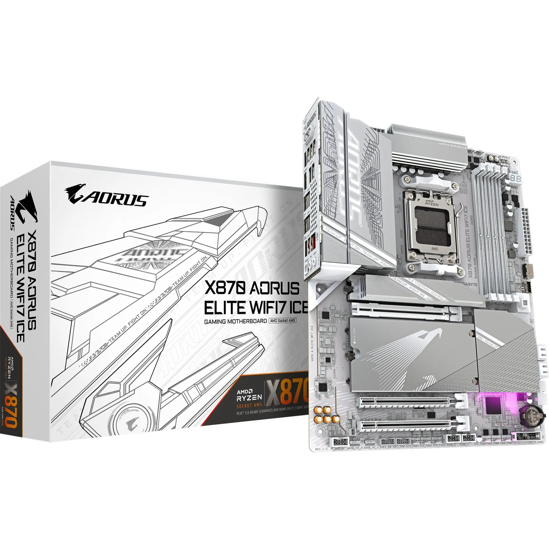 X870 AORUS ELITE WIFI7 ICE Scheda Madre - Supporta CPU AMD Ryzen 9000, 16+2+2 fasi VRM digitale, fino a 8200MHz DDR5 (OC), 3xPCIe 5.0 + 1xPCIe 4.0, Wi-Fi 7, LAN 2.5GbE, USB 4