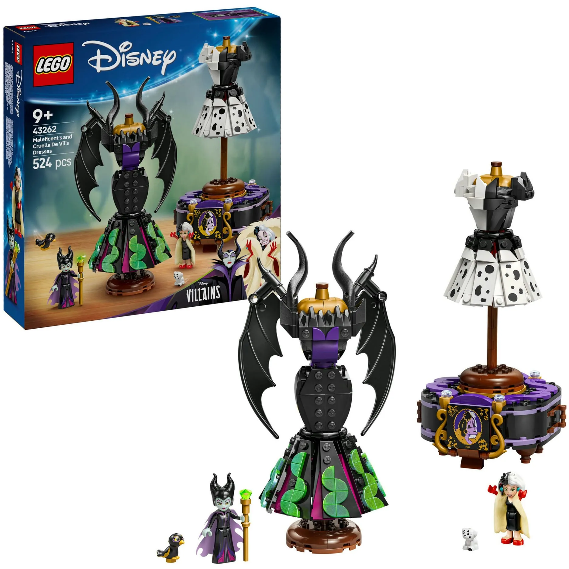 Disney | 43262 Abiti di Malefica e Crudelia De Mon, Giochi Fantasy per Bambini 9+ Anni con Espositore e 2 Mini Bamboline, Giochi di costruzione