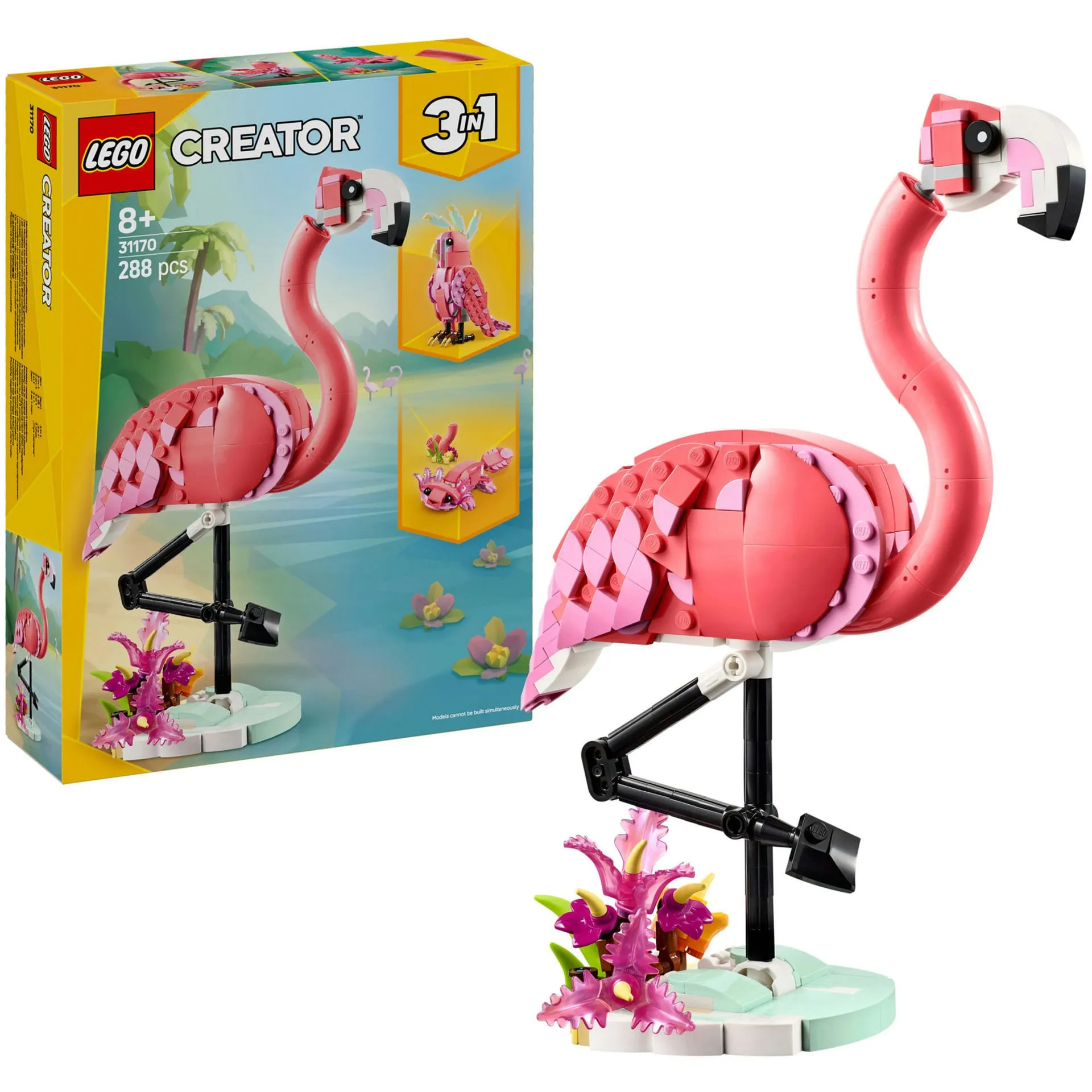 Creator 3in1 31170 Animali Selvatici: Fenicottero Rosa Giocattolo, Si Trasforma in Cacatua o in Axolotl, Idea Regalo 8+, Giochi di costruzione