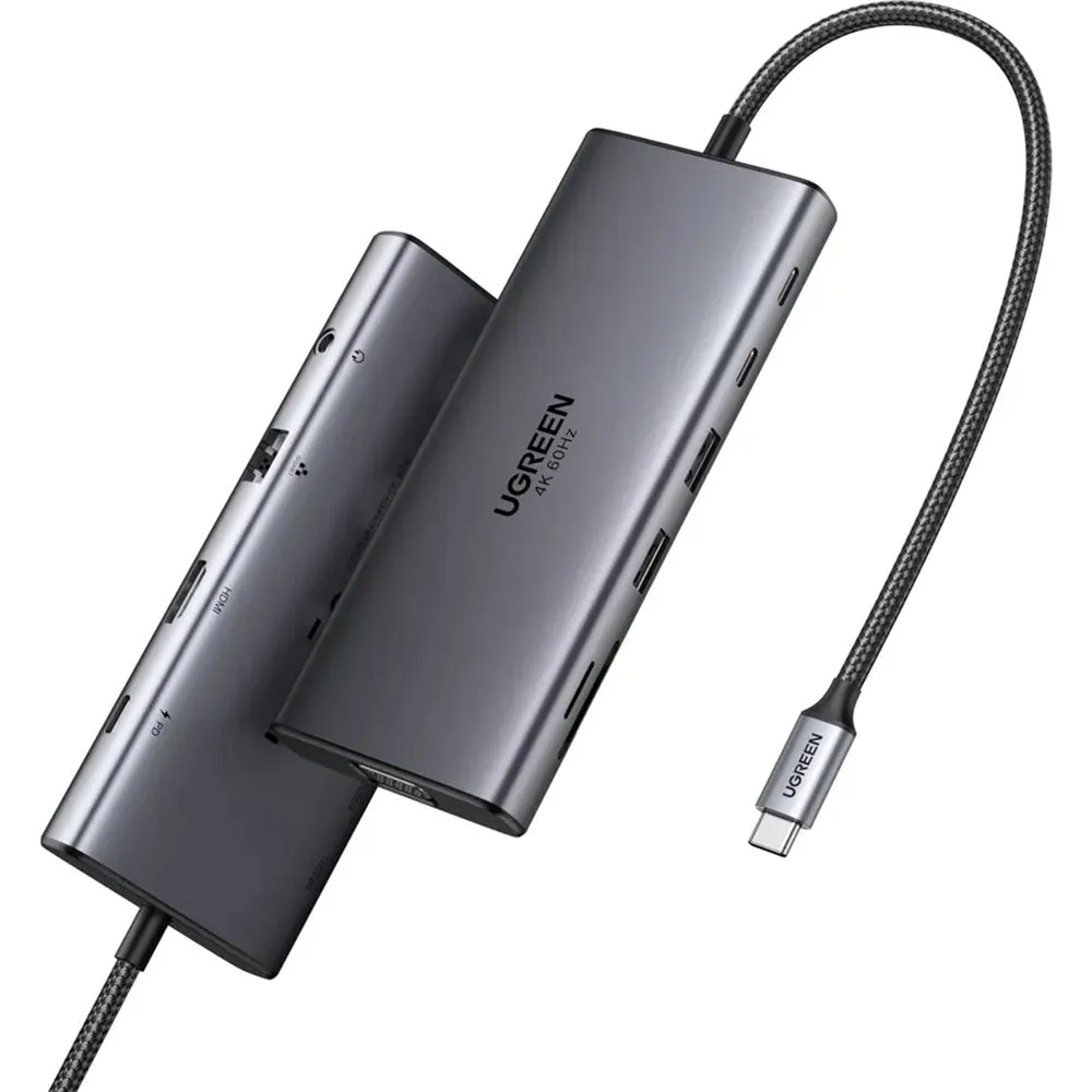 Hub USB-C UGREEN CM639 (45520), 2 x USB-A 3.2 - 3 x USB-C - 1 x HDMI - 1 x VGA - 1 x Jack 3.5mm - 1 x RJ45 - 1 x SD - 1 x microSD, Grigio