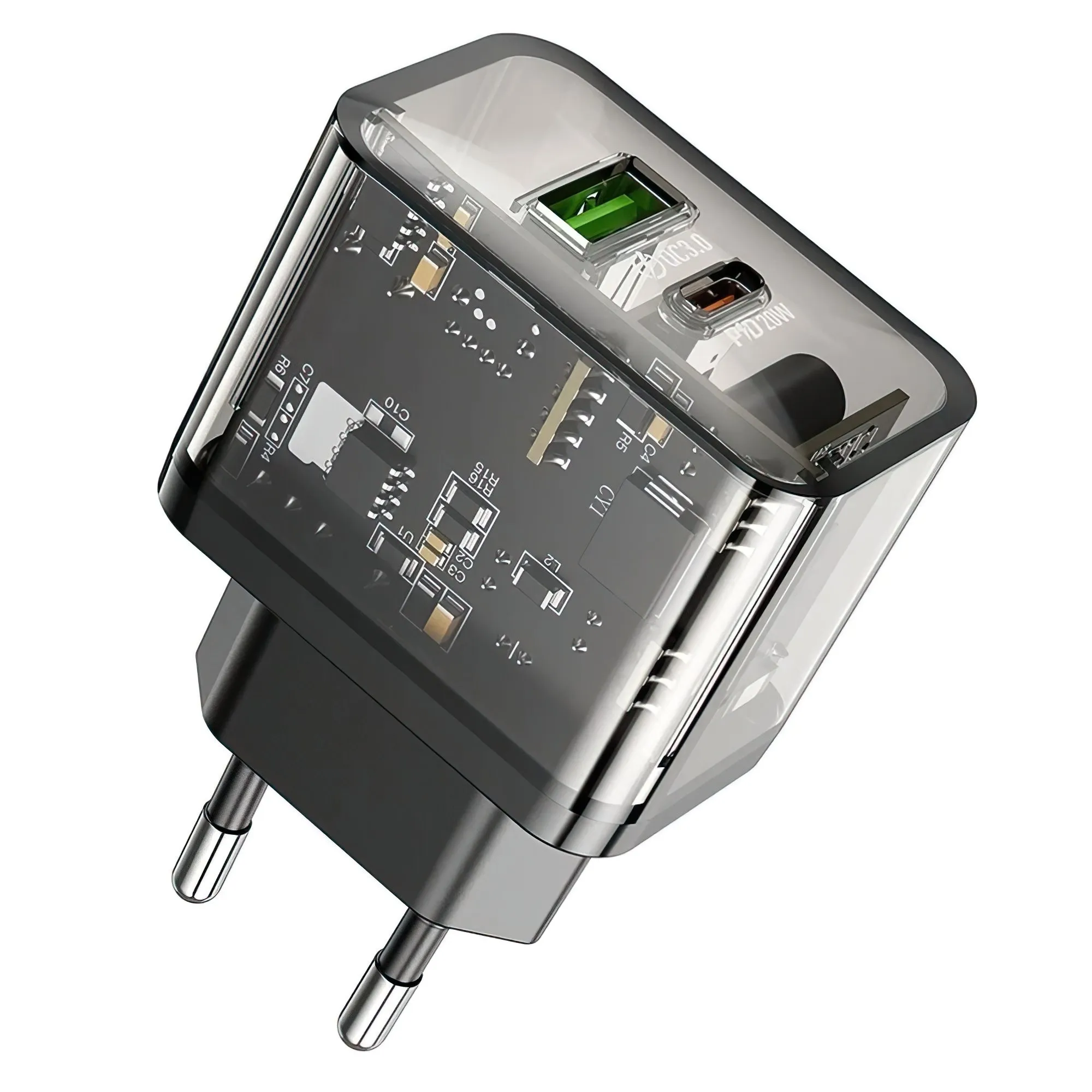 Caricabatterie Rete HOCO N34, 20W, 3A, 1 x USB-A - 1 x USB-C, Trasparente