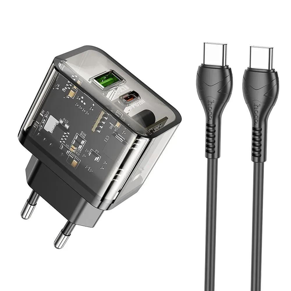 Caricabatterie da Rete con Cavo USB-C HOCO N34, 20W, 3A, 1 x USB-A - 1 x USB-C, Trasparente