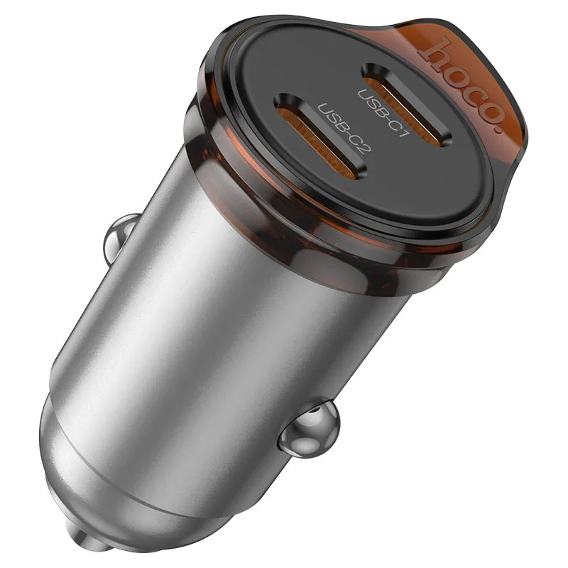 Caricabatterie Auto Con Cavo Lightning HOCO NZ16B, 45W, 3A, 2 x USB-C, Grigio