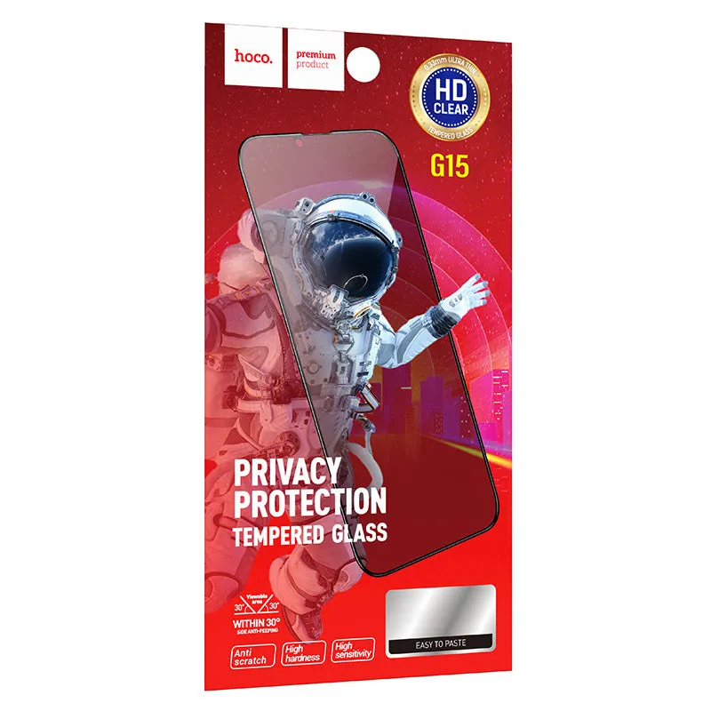 Pellicola Protettiva Schermo Privacy HOCO G15 per Apple iPhone 15 Pro Max, Vetro Temperato, Full Glue, 5D