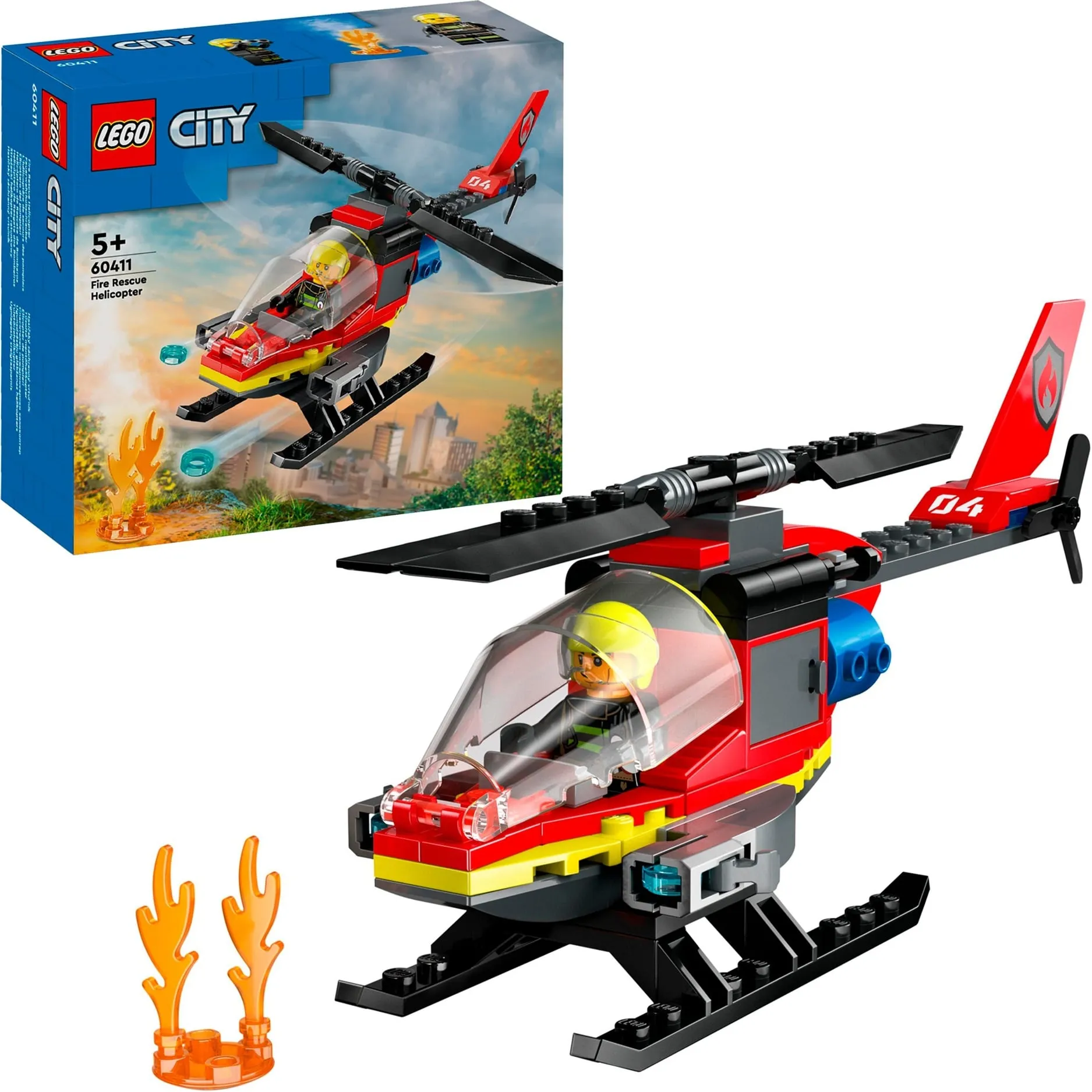City 60411 Elicottero dei Pompieri, Veicolo Giocattolo con 2 Elementi Lancia-Acqua e Minifigure, Giochi per Bambini 5+, Giochi di costruzione