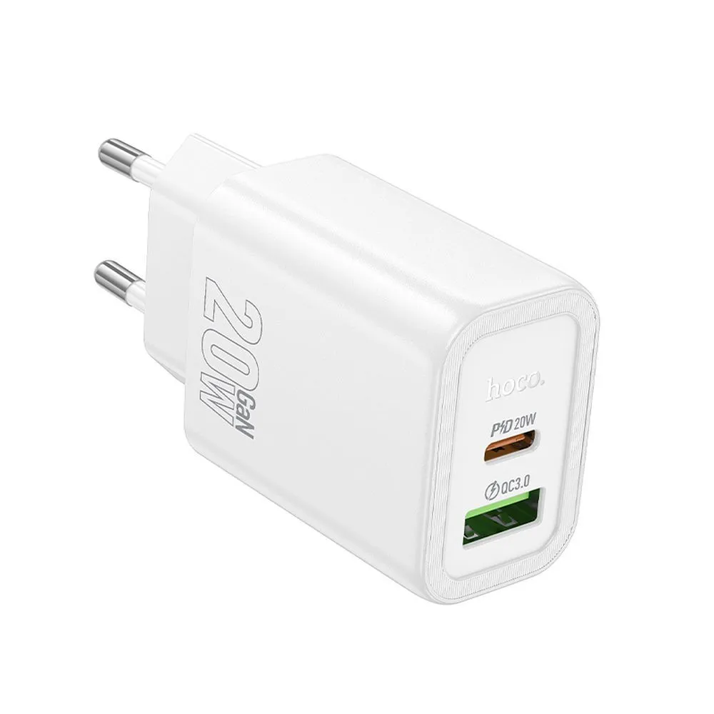 Caricabatterie Rete HOCO N61, 20W, 3A, 1 x USB-A - 1 x USB-C, Bianco