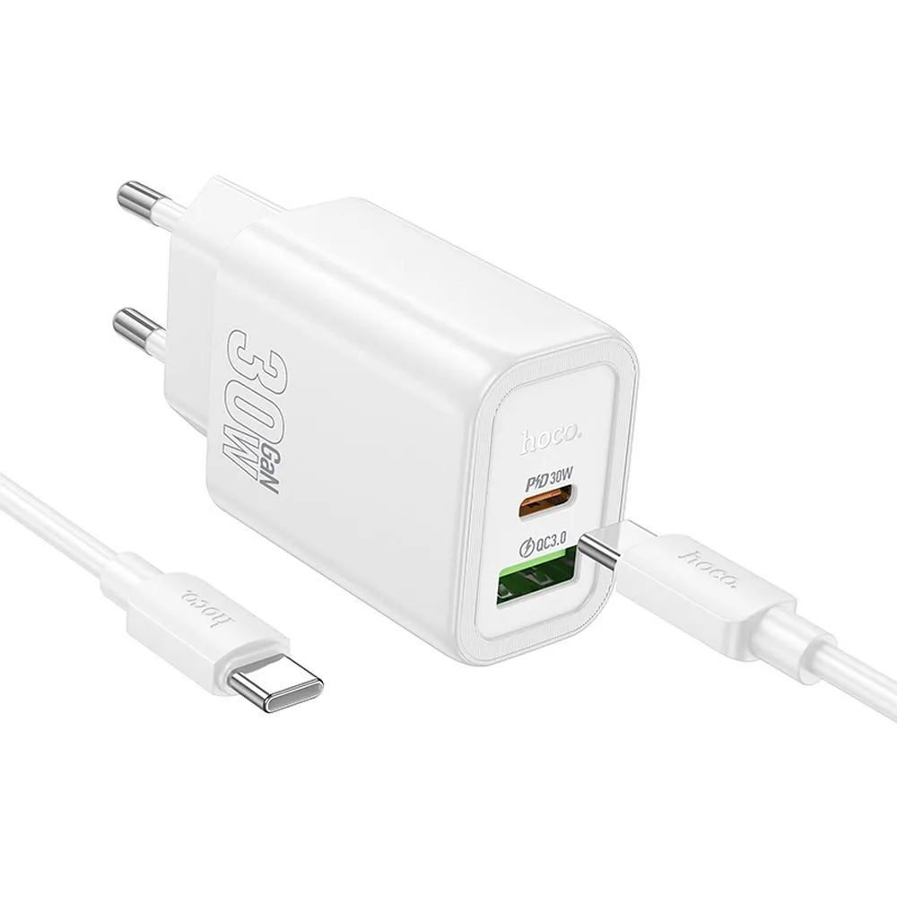 Caricabatterie da Rete con Cavo USB-C HOCO N63, 30W, 3A, 1 x USB-A - 1 x USB-C, Bianco