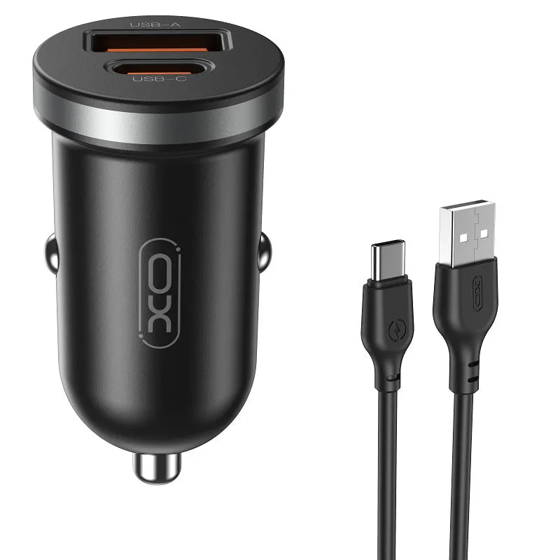 Caricabatterie Auto Con Cavo USB-C XO Design CC56, 30W, 3A, 1 x USB-A - 1 x USB-C, Nero