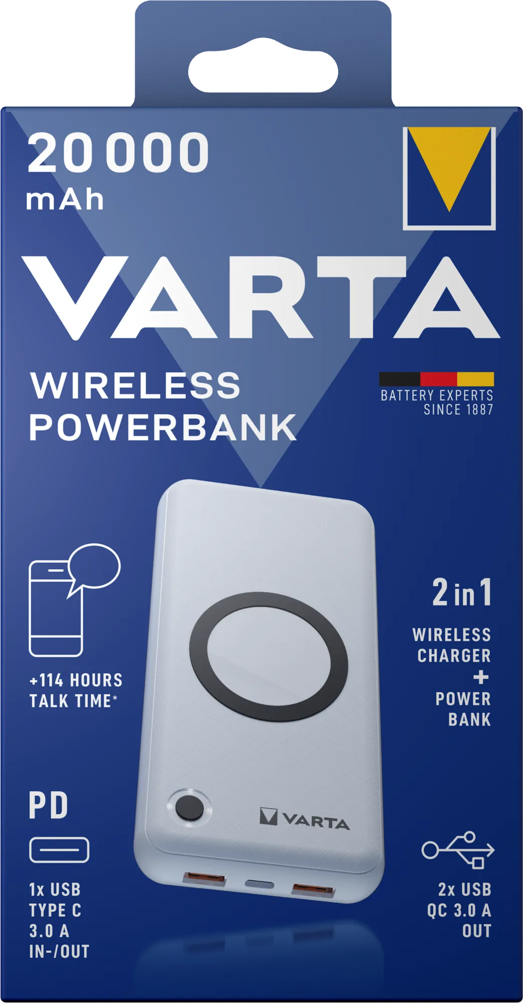 Batteria Esterna Wireless Varta Energy, 20000mAh, 18W, QC + PD + FQI, 1 x QI - 1 x USB-C - 2 x USB-A, Bianca