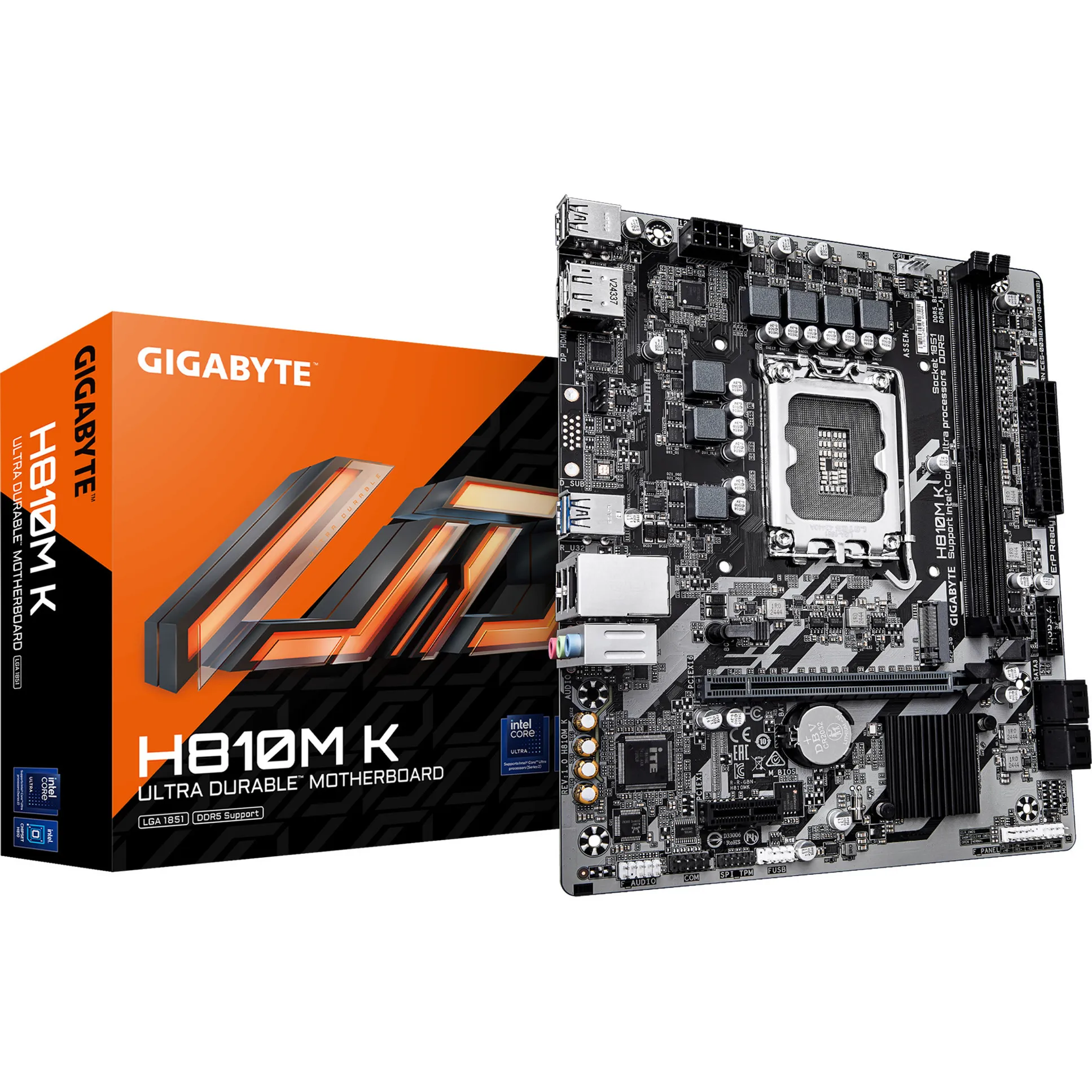 H810M K Scheda Madre – CPU Intel Core Ultra (Serie 2), VRM a 3+1+2 fasi, fino a 6400 MHz DDR5, 1 x M.2 PCIe 4.0, LAN 1 GbE, USB 3.2 Gen 1