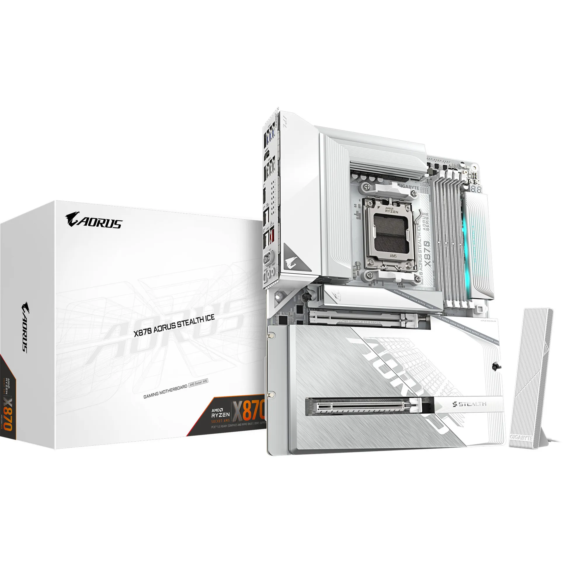 X870 AORUS STEALTH ICE Scheda Madre – Supporta CPU AMD Ryzen 9000, VRM digitale a 16+2+2 fasi, fino a 8200 MHz DDR5 (OC), 2 x PCIe 5.0 + 2 x PCIe 4.0, Wi-Fi 7, LAN 5 GbE, USB 4