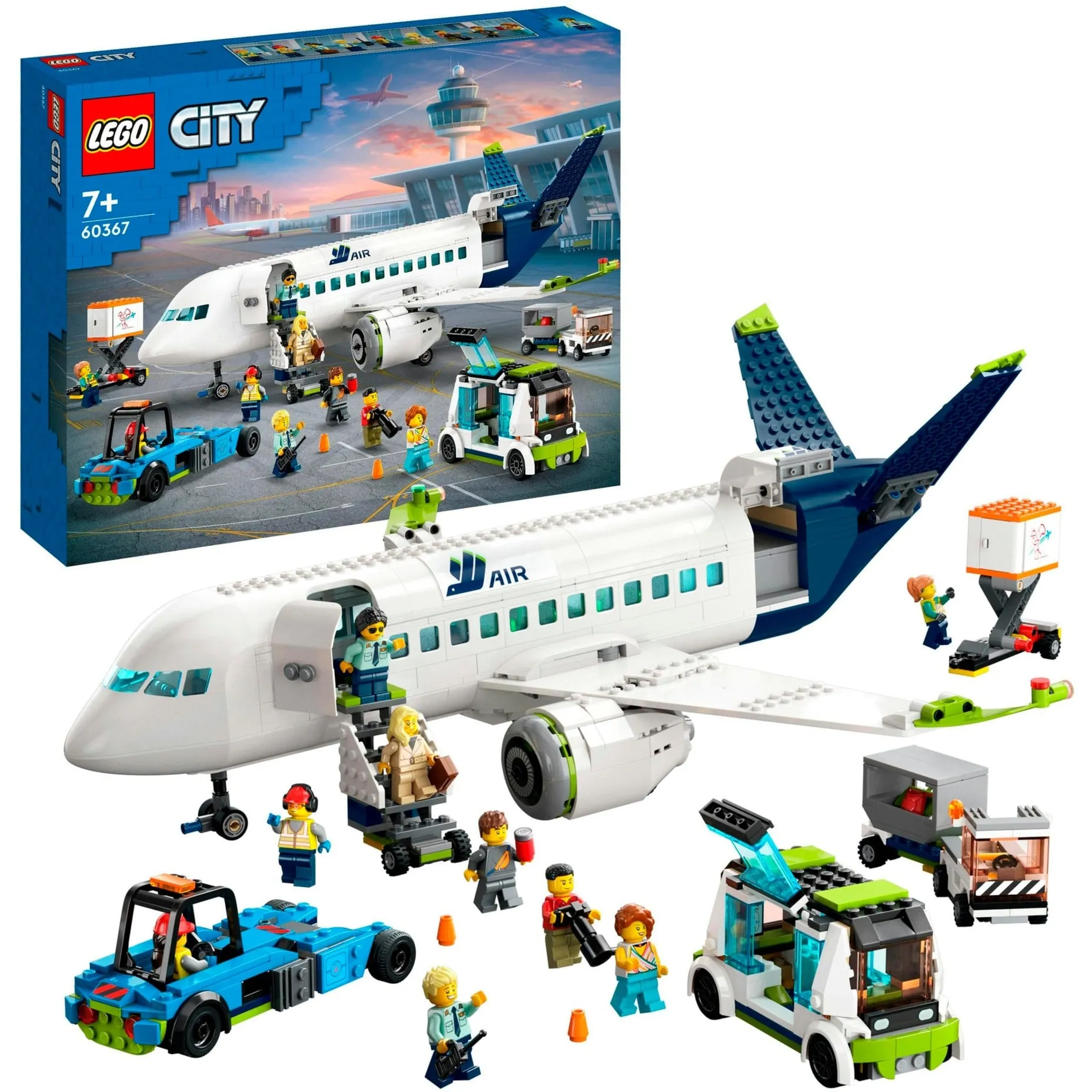 City 60367 Aereo Passeggeri, Modellino di Aeroplano Giocattolo da Costruire con 9 Minifigure e Veicoli dell''Aeroporto, Giochi di costruzione