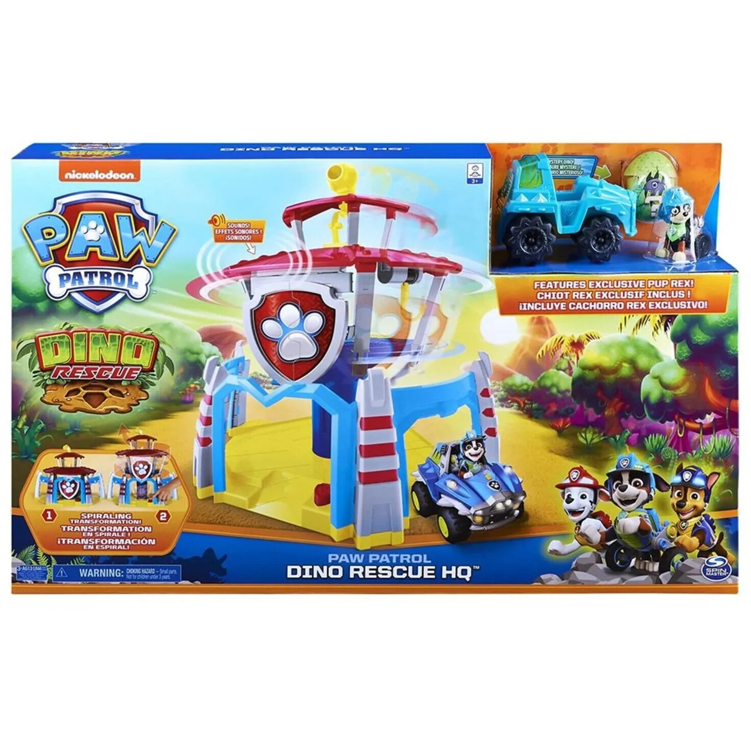 PAW Patrol, Quartiere Generale Dino con effetti sonori, esclusivo personaggio Rex e veicolo, Gioco da costruzione