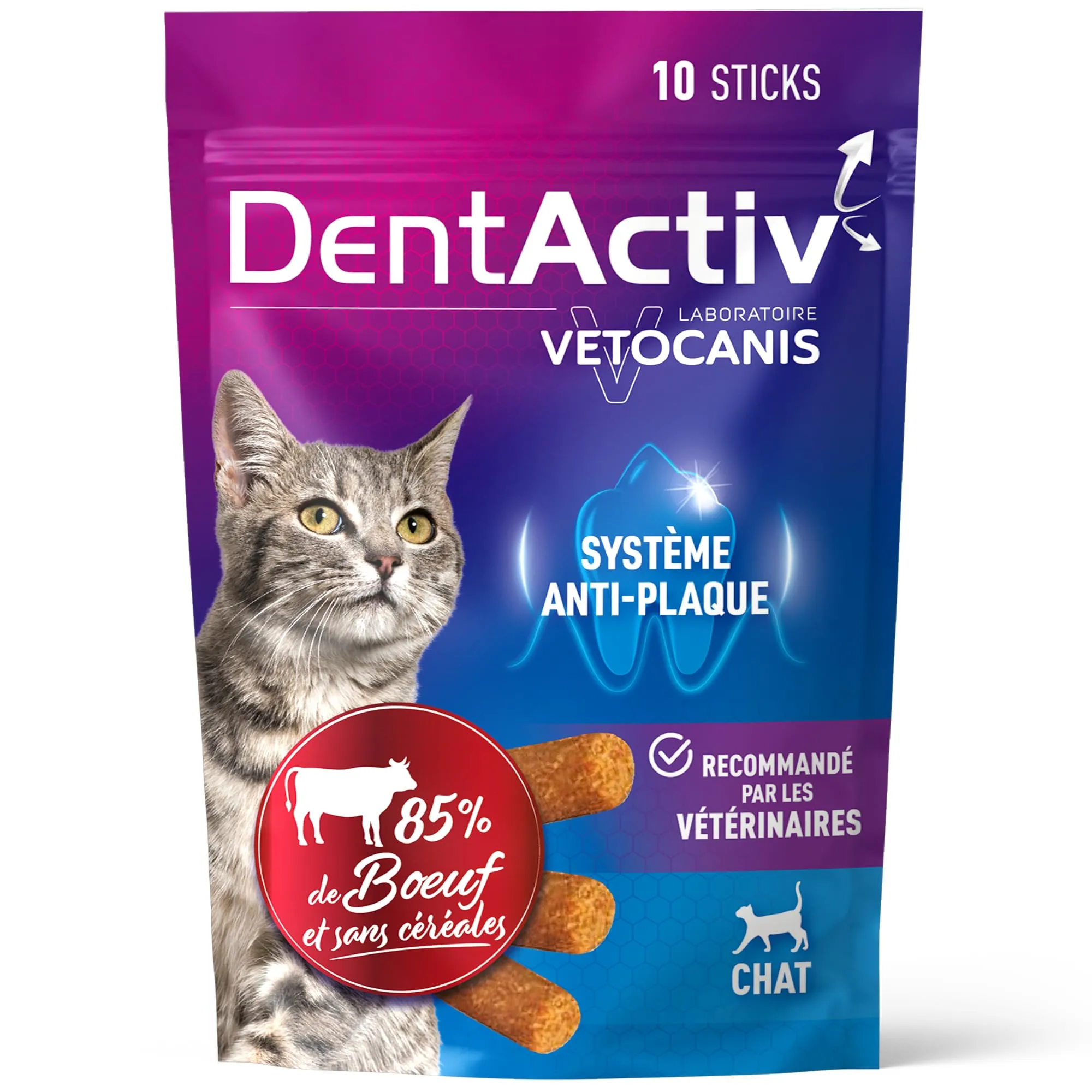 Vetocanis - Dentactiv - Stick dentale - Dolcetti per gatti gourmet - per l'igiene e la salute - Ricco di carne - 85% di manzo - Consigliato dai veterinari - Sistema anti-placca