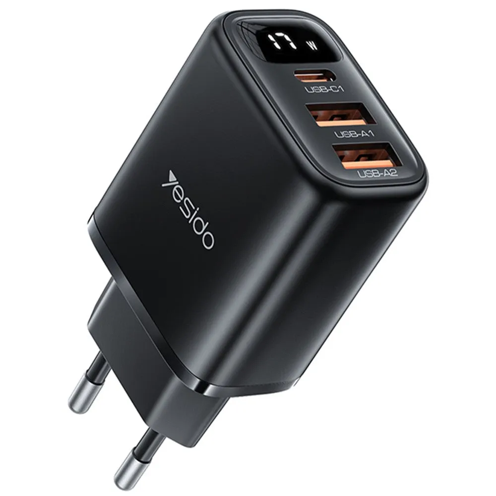 Caricabatterie Rete Yesido YC67 Display, 17W, 2.4A, 1 x USB-C - 2 x USB-A, Nero