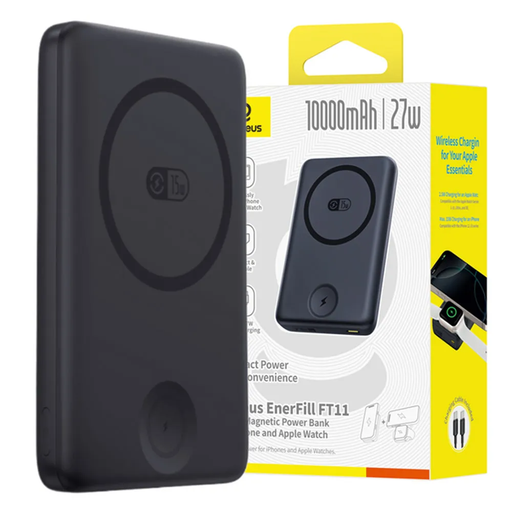Batteria Esterna Baseus Bank EnerFill FT11, 10000mAh, 27W, PD + QI + FQI, 2 x QI - 1 x USB-C, Nera P1008210G123-00
