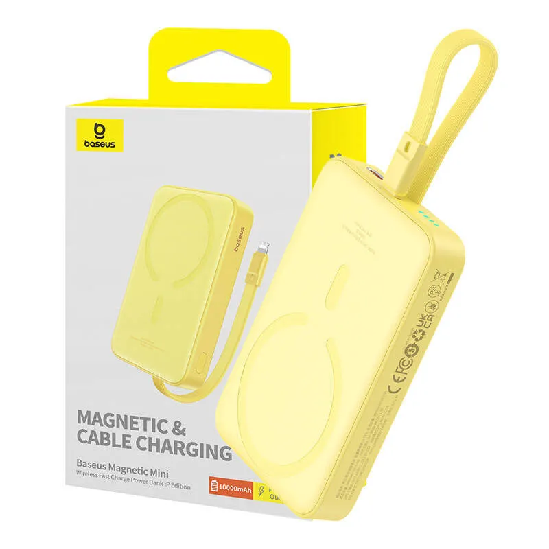 Batteria Esterna Wireless Baseus Magnetic Mini, 10000mAh, 20W, PD + FQI, 1 x Lightning - 1 x QI - 1 x USB-C, Gialla P10022109Y23-00