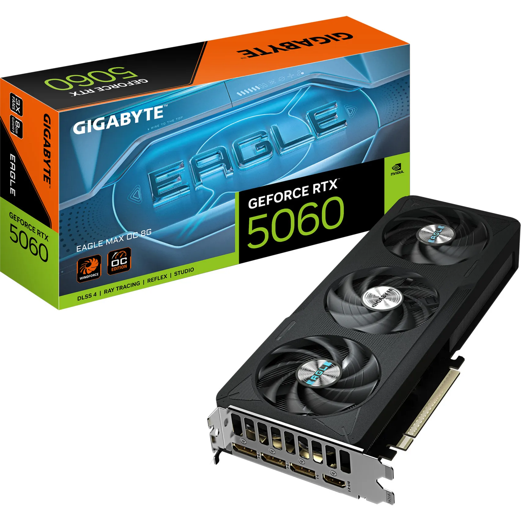 GeForce RTX 5060 EAGLE MAX OC 8G Scheda Grafica – 8 GB GDDR7, 128 bit, PCI-E 5.0, frequenza core 2550 MHz, 3 x DisplayPort, 1 x HDMI, NVIDIA DLSS 4, GV-N5060EAGLEMAX OC-8GD 1.0