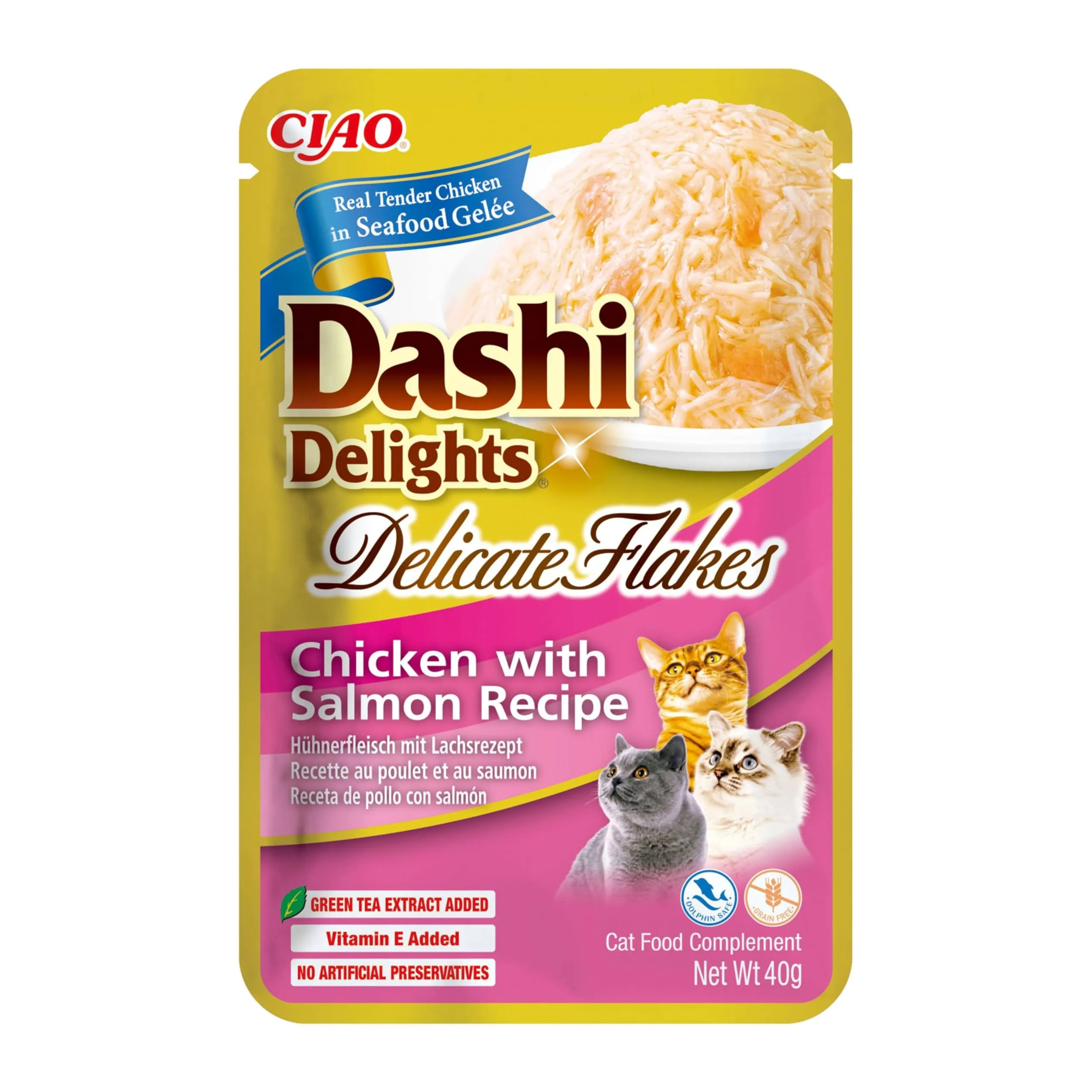 INABA Dashi Delights Delicate Flakes, Cibo Umido per Gatti con Pollo e Salmone, Fiocchi in Brodo di Pesce, Ricco di Proteine, Ingredienti Naturali, Pasto Complementare, 1 Confezione da 40 g