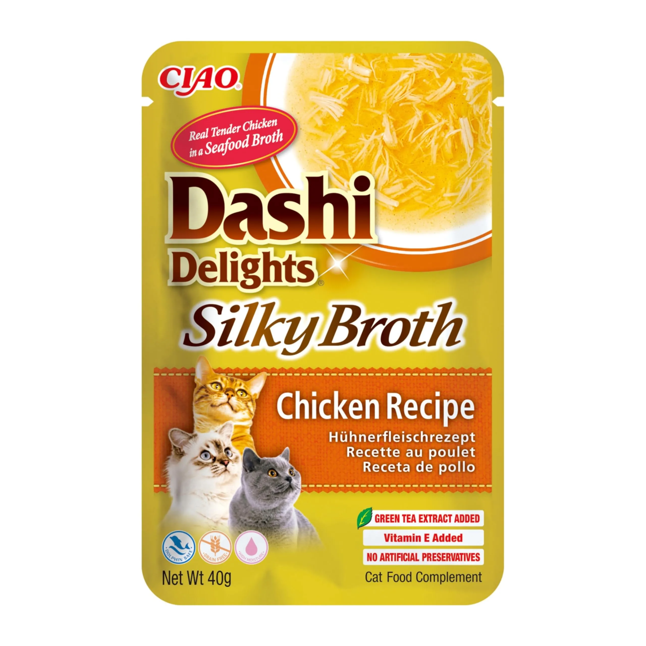 INABA Dashi Delights Silky Broth, Cibo Umido per Gatti con Pollo, Brodo di Pesce, Ricco di Proteine, Ingredienti Naturali, Pasto Complementare, 1 Confezione da 40 g