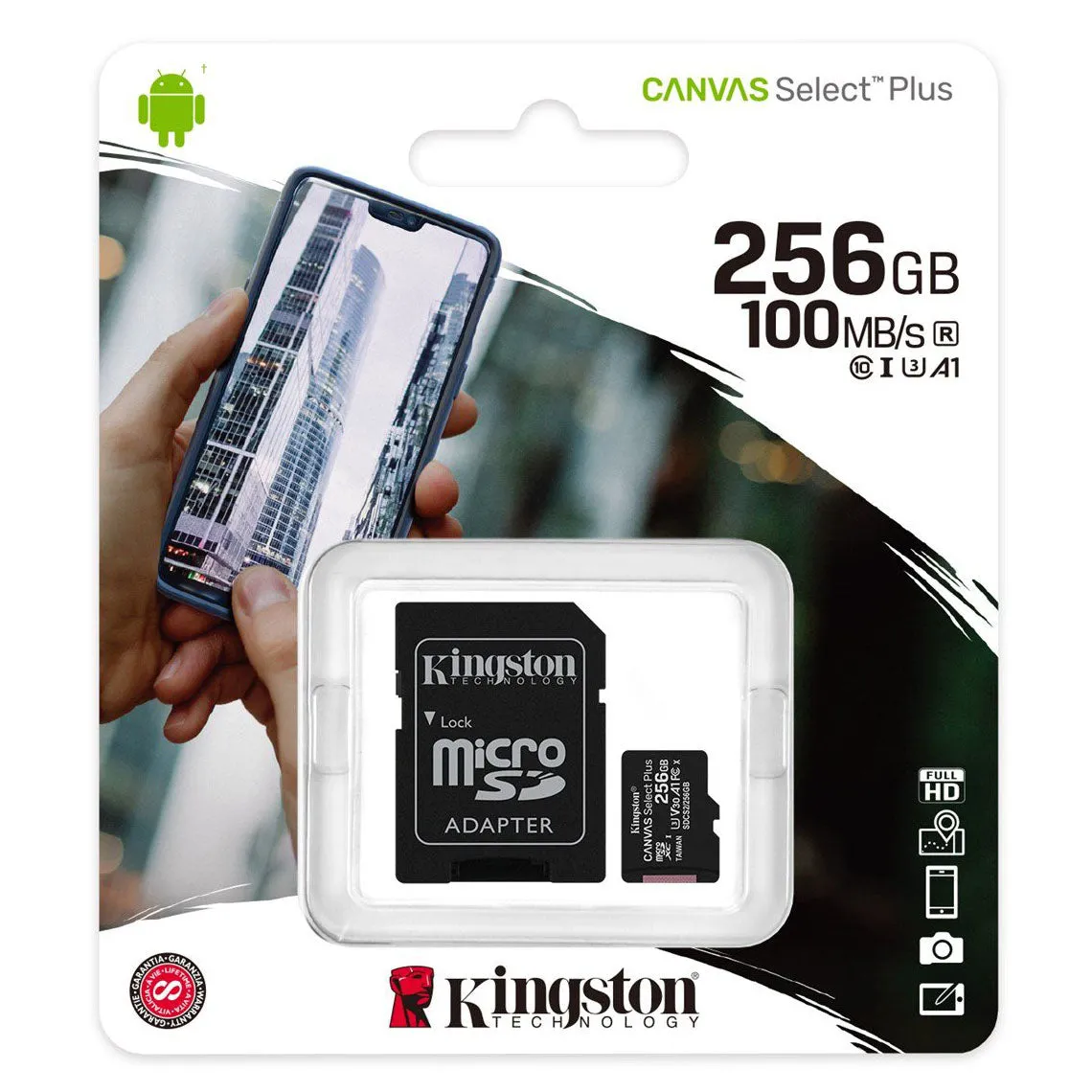 Scheda di memoria microSDXC Kingston Canvas Select Plus Android A1, 256Gb, Classe 10 / UHS-1 U3, con adattatore SDCS2/256GB