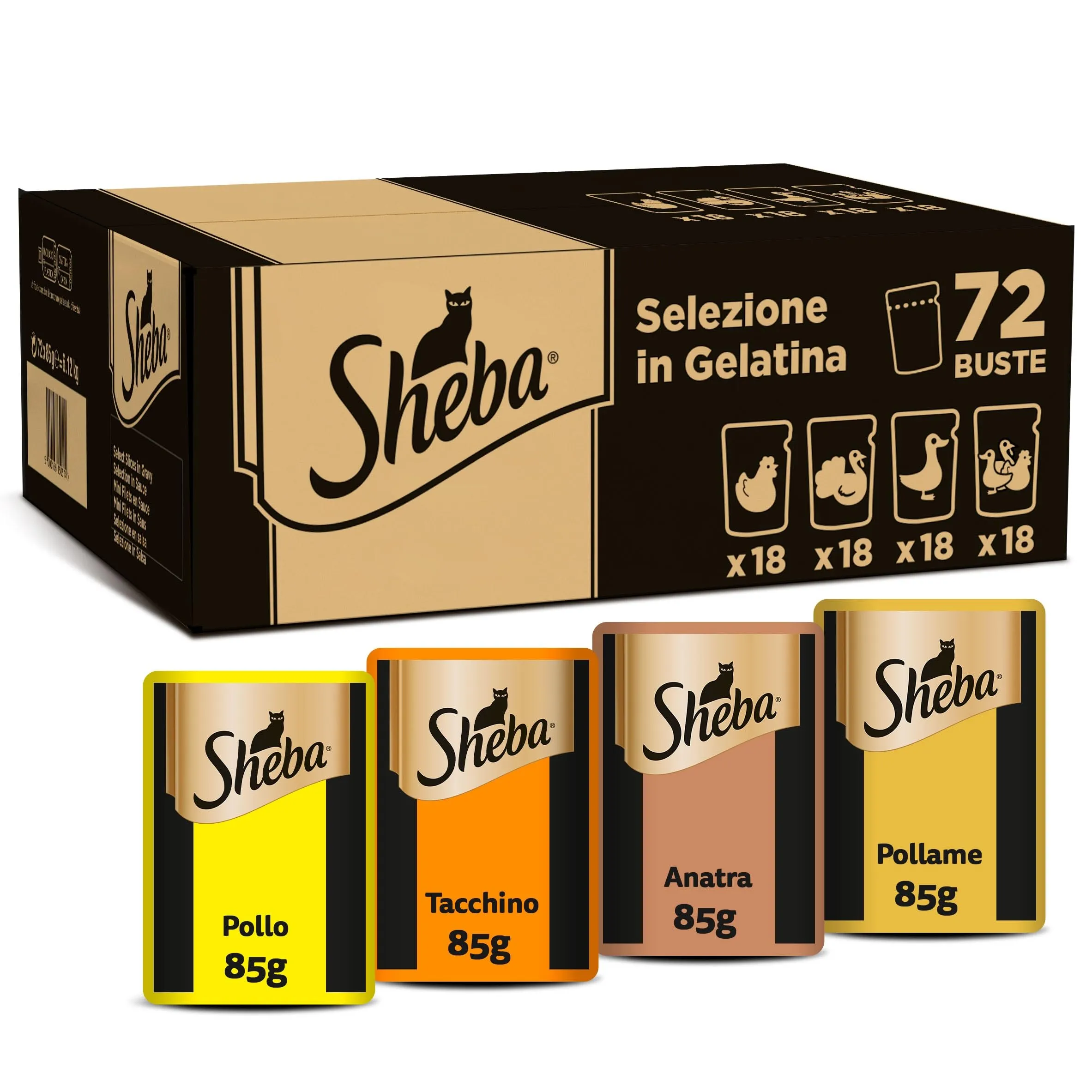 Sheba Selezione in Gelatina, gusti Pollo, Tacchino, Pollame, Anatra, cibo umido completo per gatti adulti, 72 Bustine da 85g